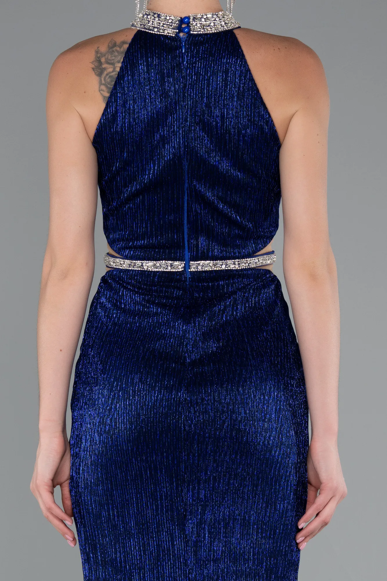 Sax Blue-Halter Neck Slit Long Evening Gown ABU4324