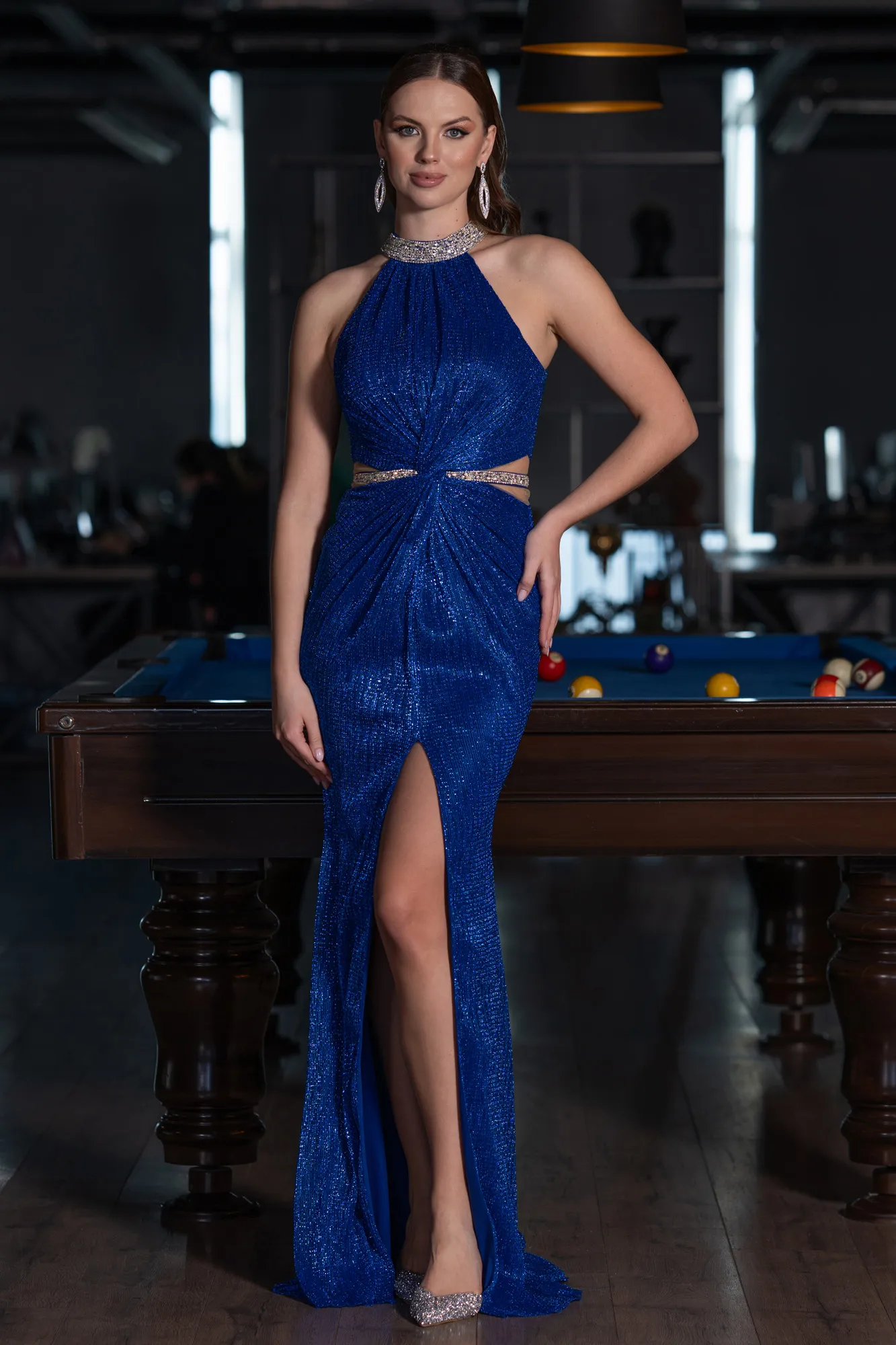 Sax Blue-Halter Neck Slit Long Glitter Mermaid Evening Gown ABU4766