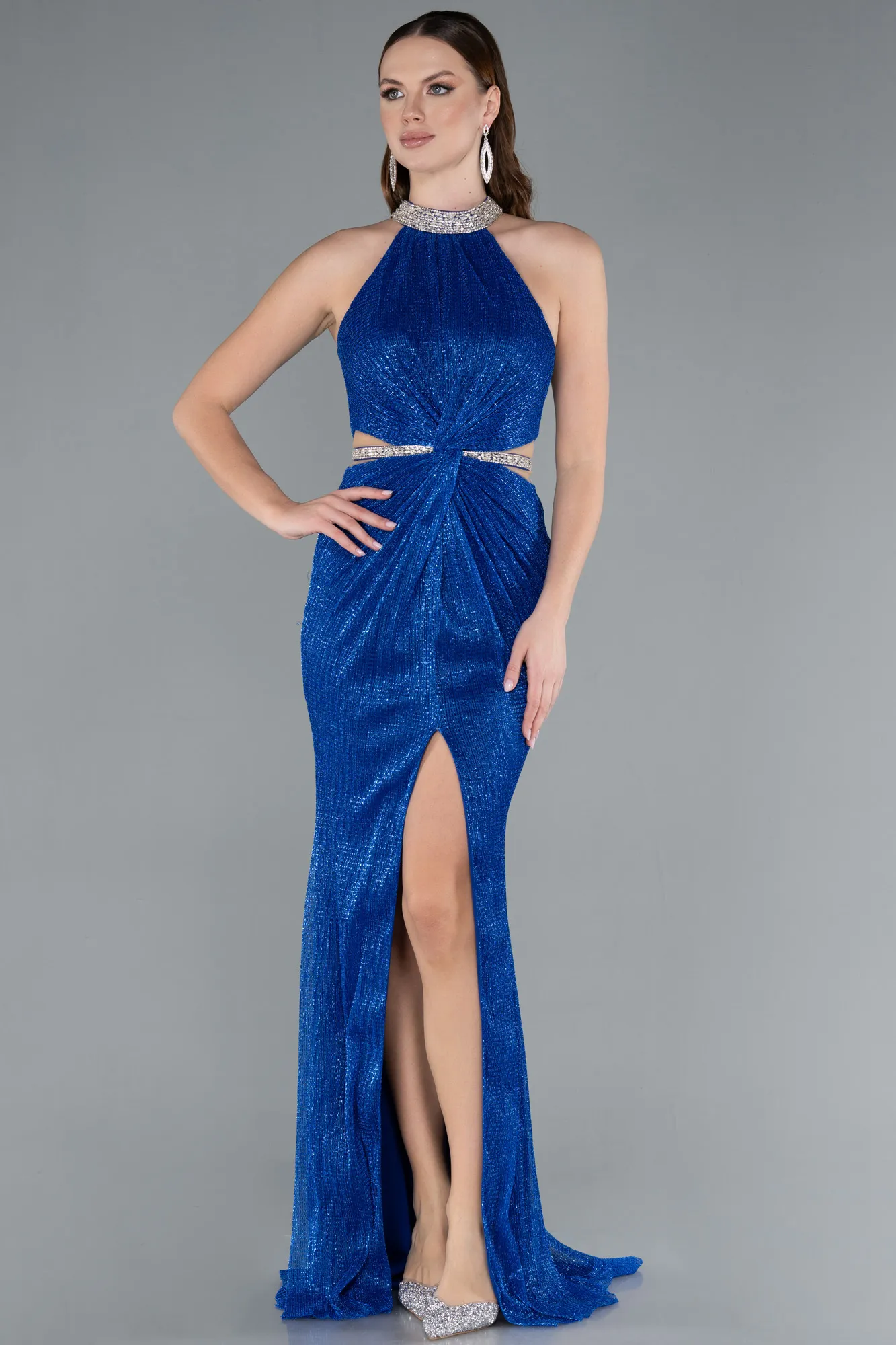 Sax Blue-Halter Neck Slit Long Glitter Mermaid Evening Gown ABU4766