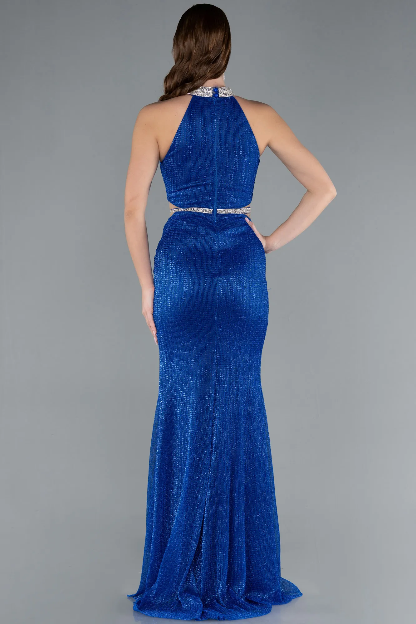 Sax Blue-Halter Neck Slit Long Glitter Mermaid Evening Gown ABU4766