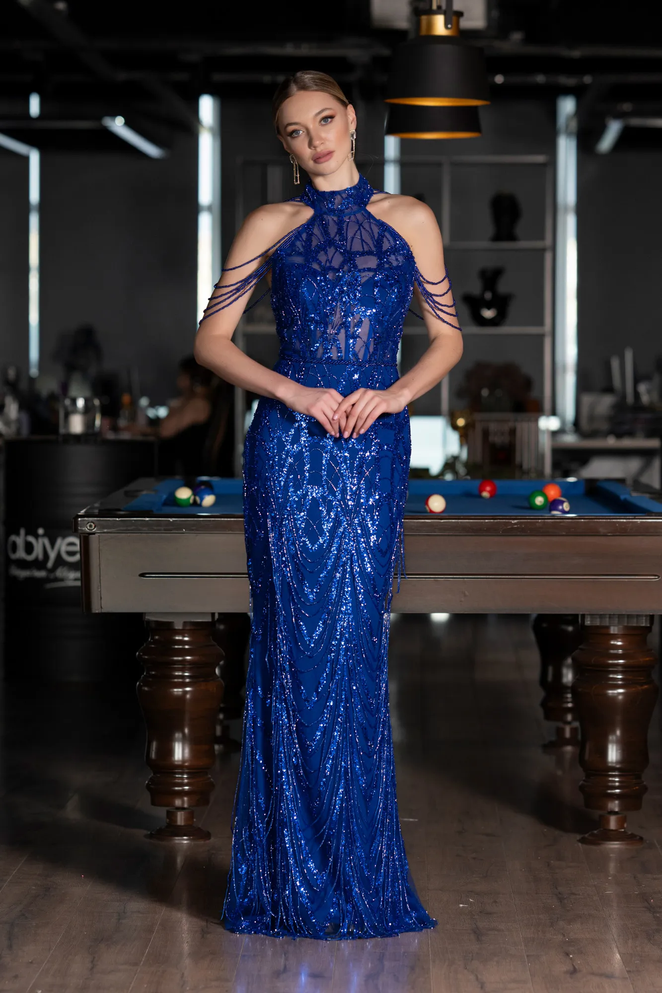 Sax Blue-Long Beaded Evening Dress ABU4912