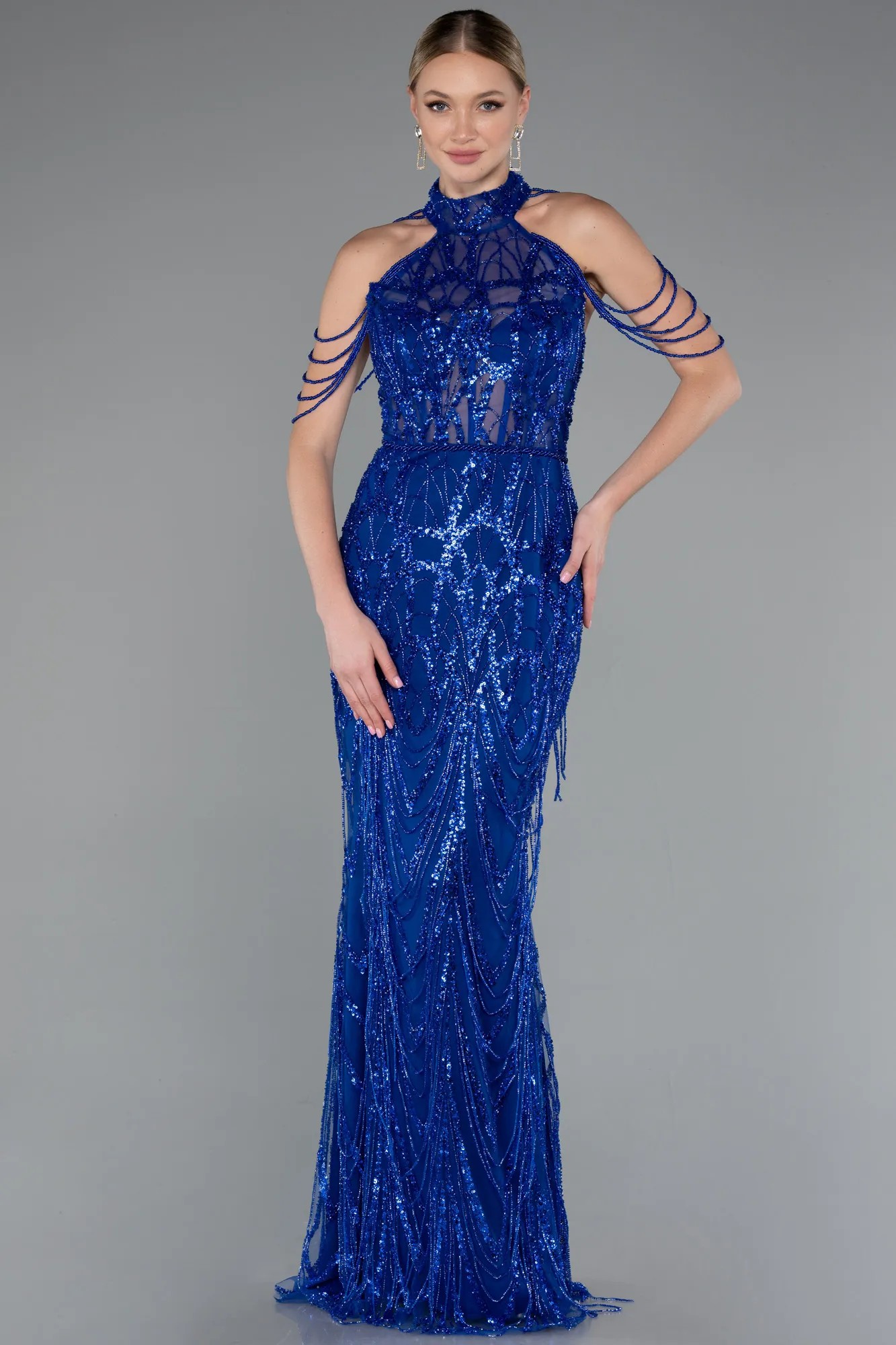 Sax Blue-Long Beaded Evening Dress ABU4912