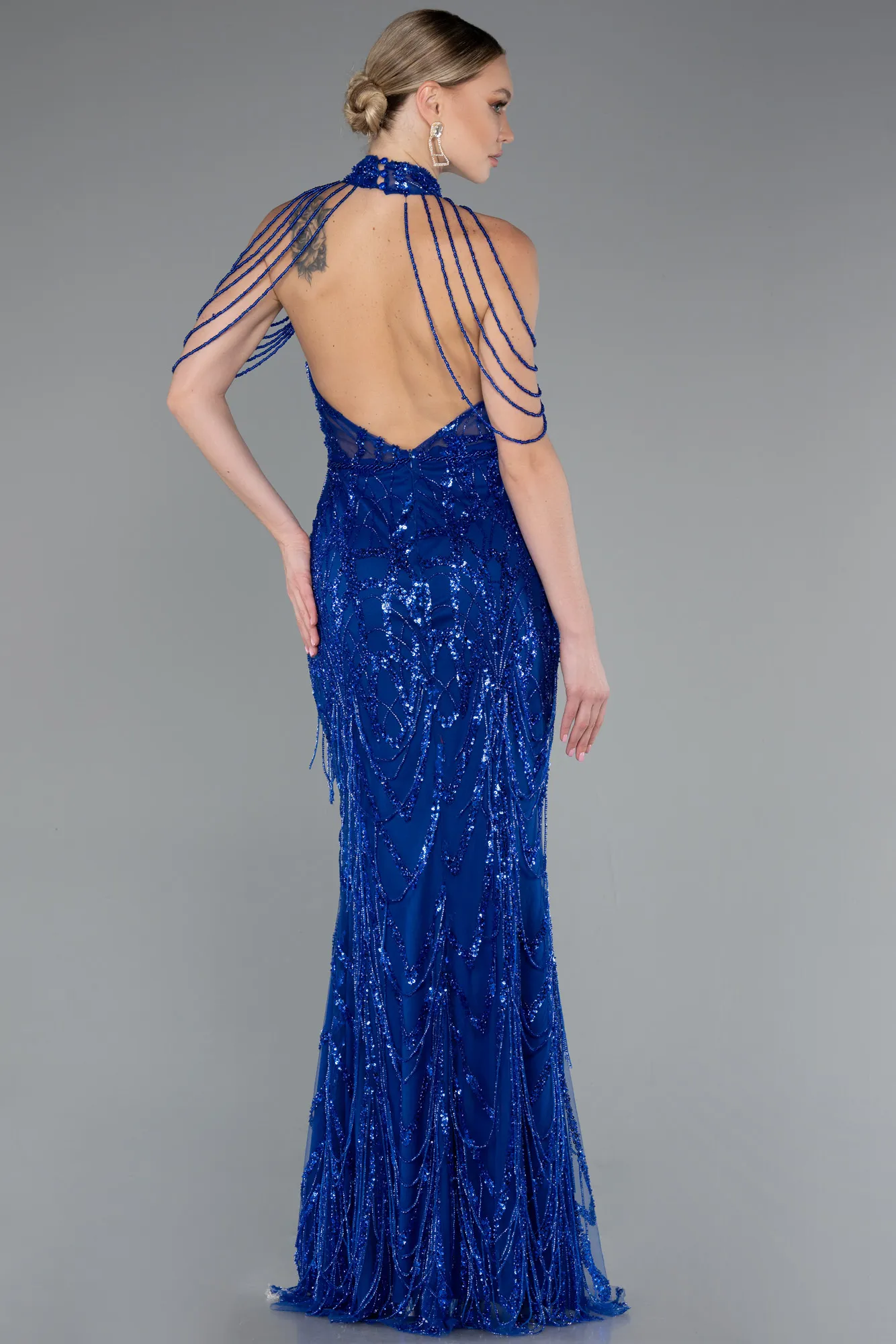 Sax Blue-Long Beaded Evening Dress ABU4912