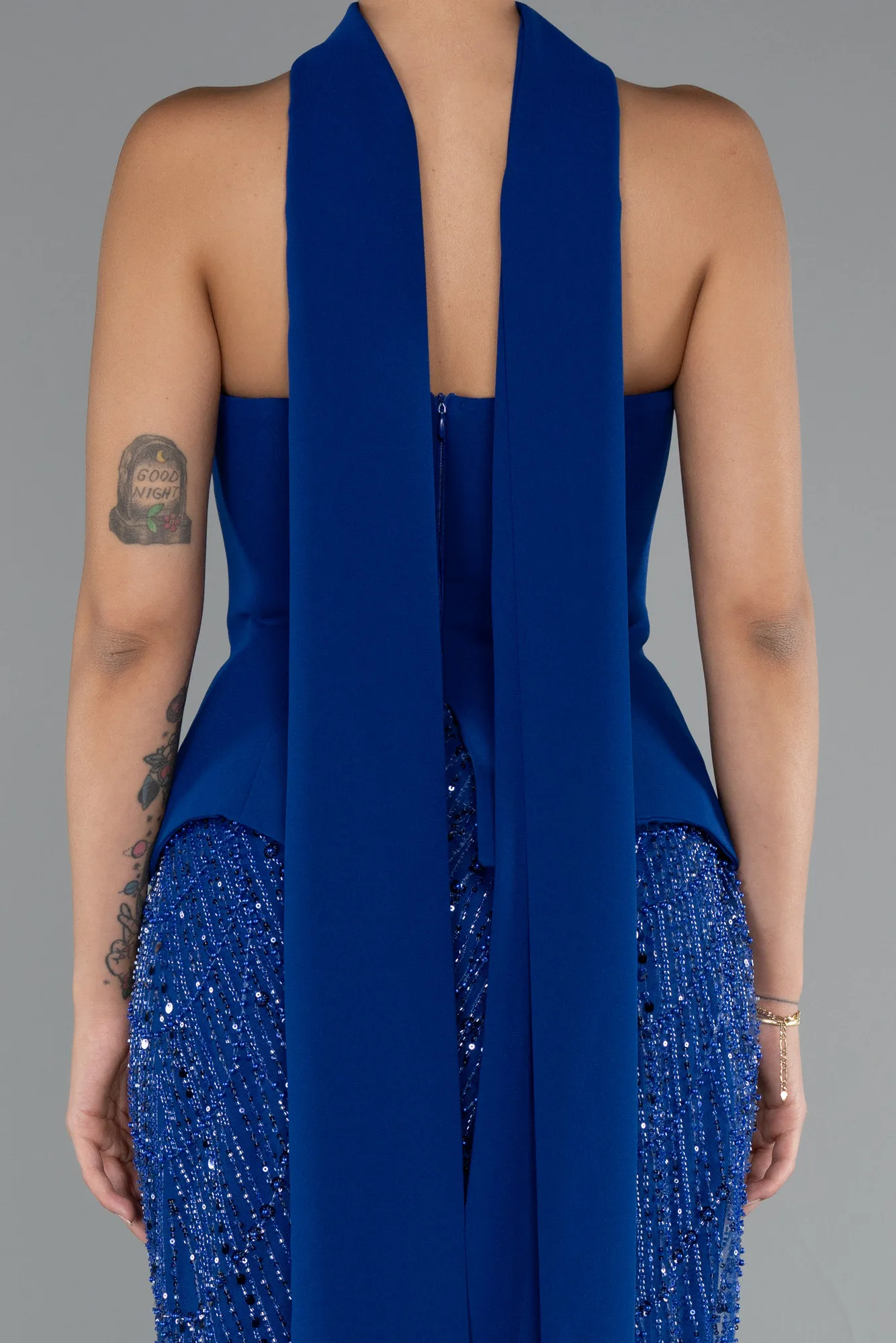 Sax Blue-Long Beaded Evening Dress ABU5131