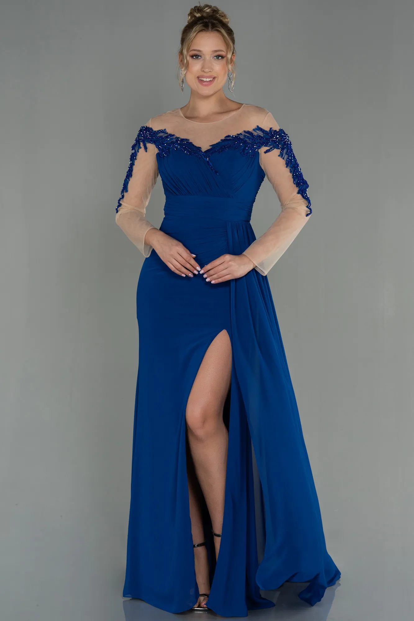 Sax Blue-Long Chiffon Evening Dress ABU3012