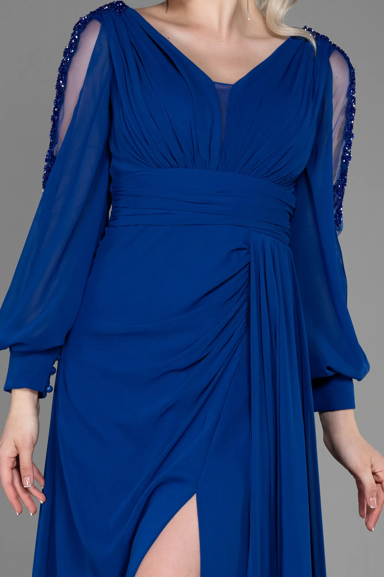 Sax Blue-Long Chiffon Evening Dress ABU3220