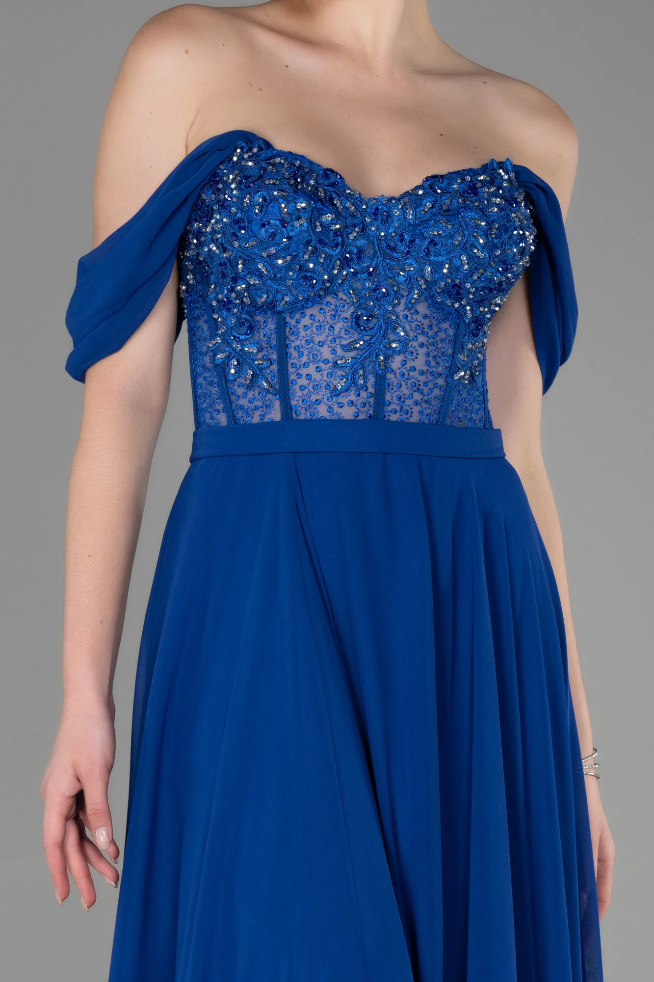 Sax Blue-Long Chiffon Evening Dress ABU3310