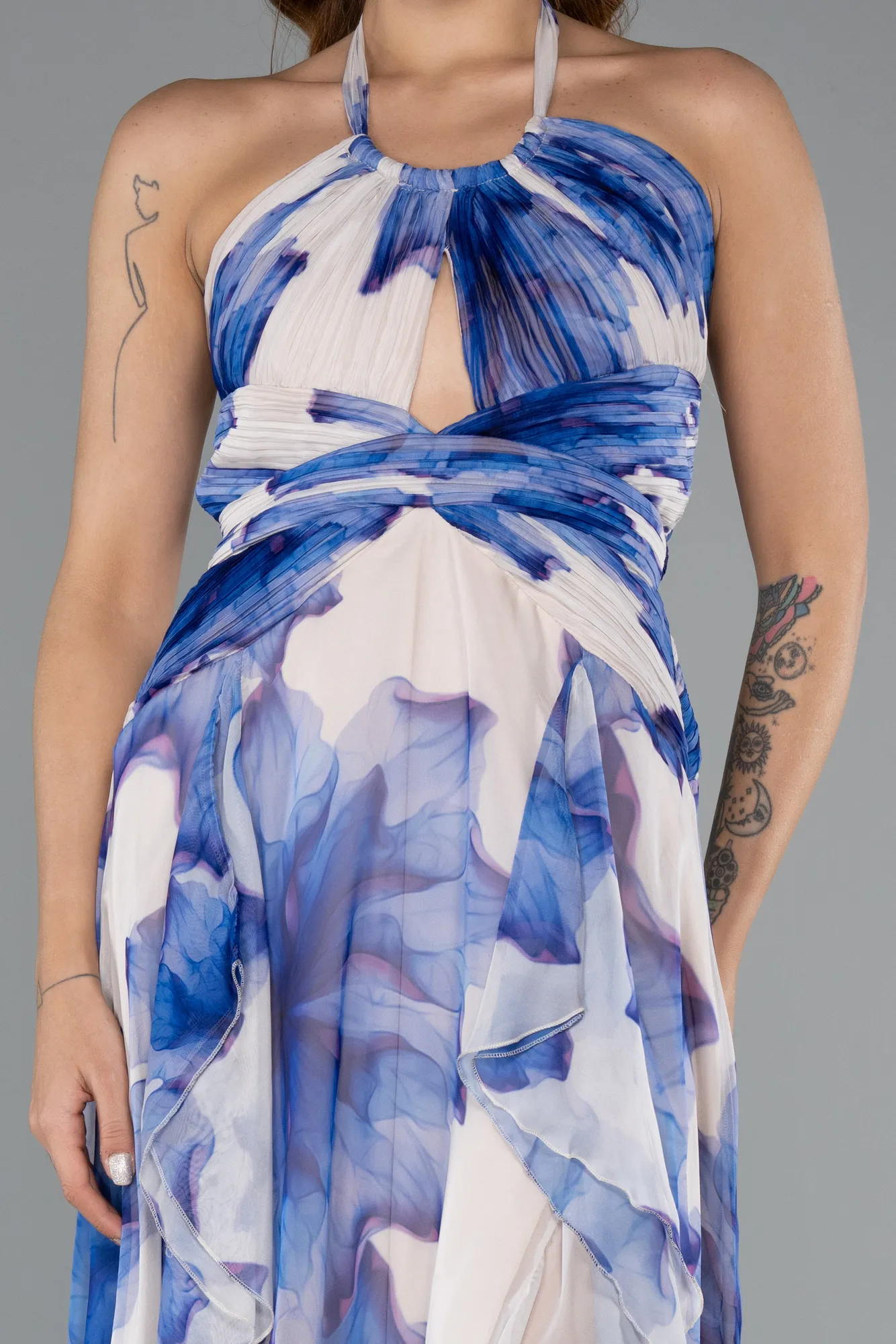 Sax Blue-Long Chiffon Evening Dress ABU3878