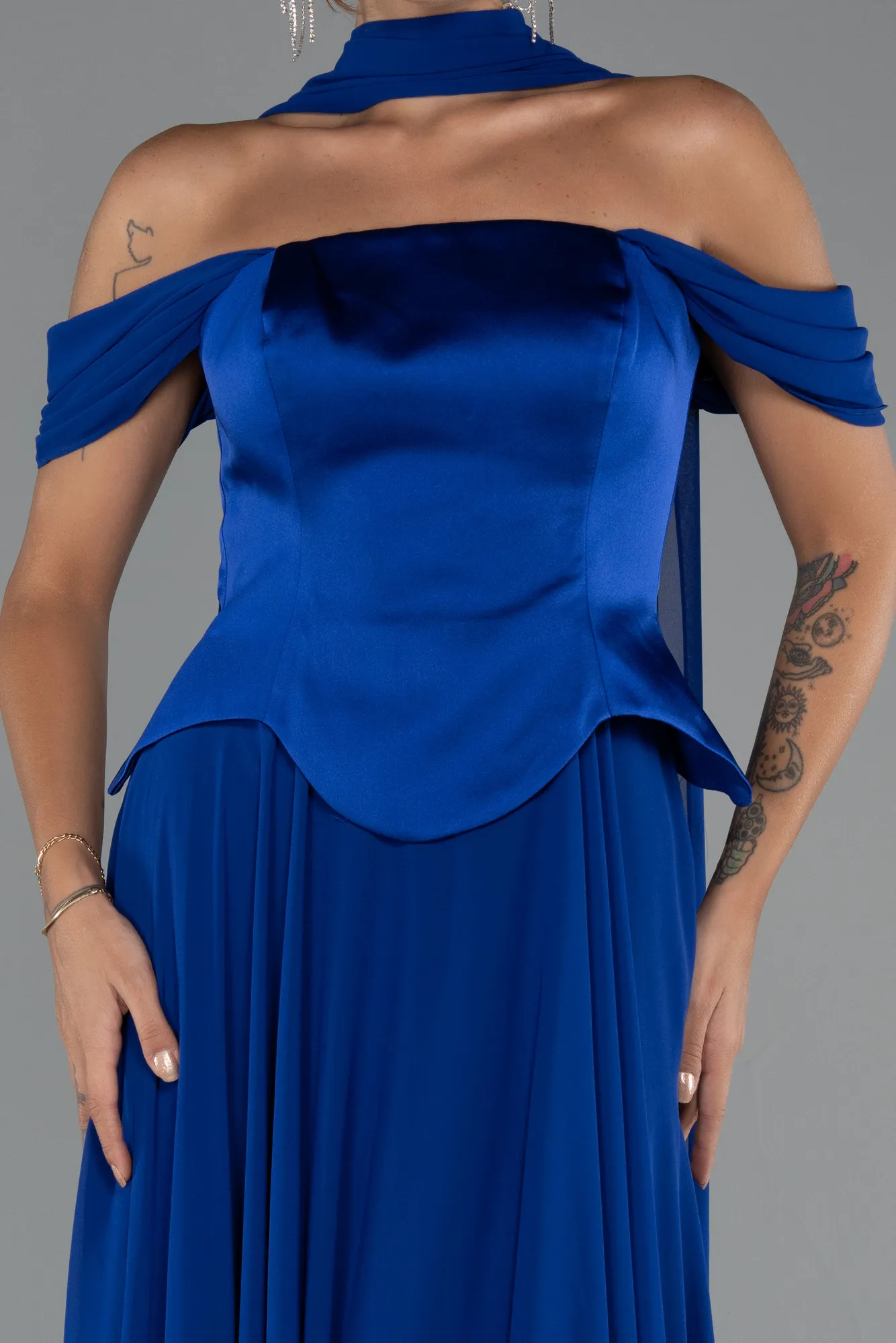 Sax Blue-Long Chiffon Evening Dress ABU5327