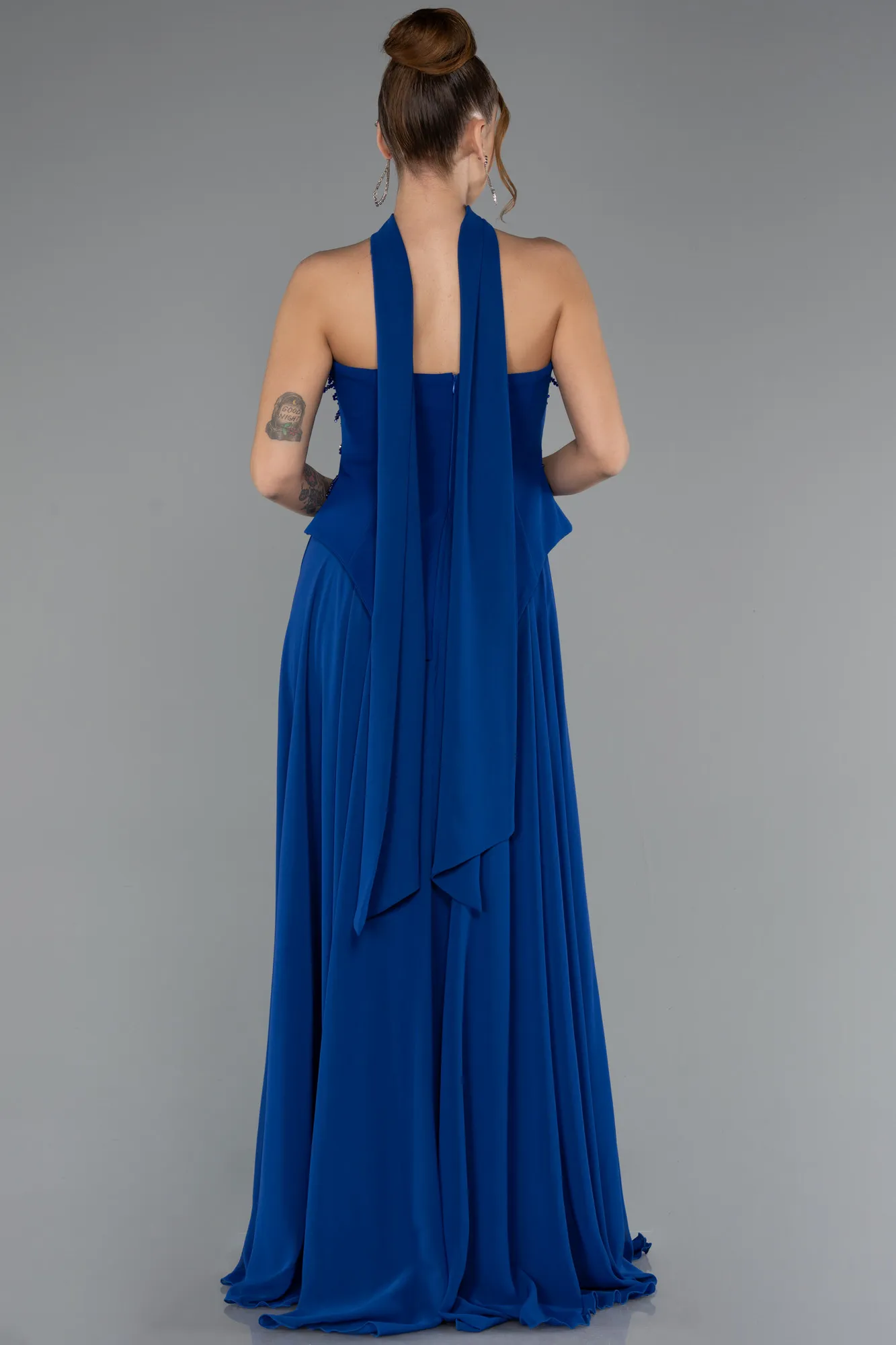 Sax Blue-Long Chiffon Evening Dress ABU5420