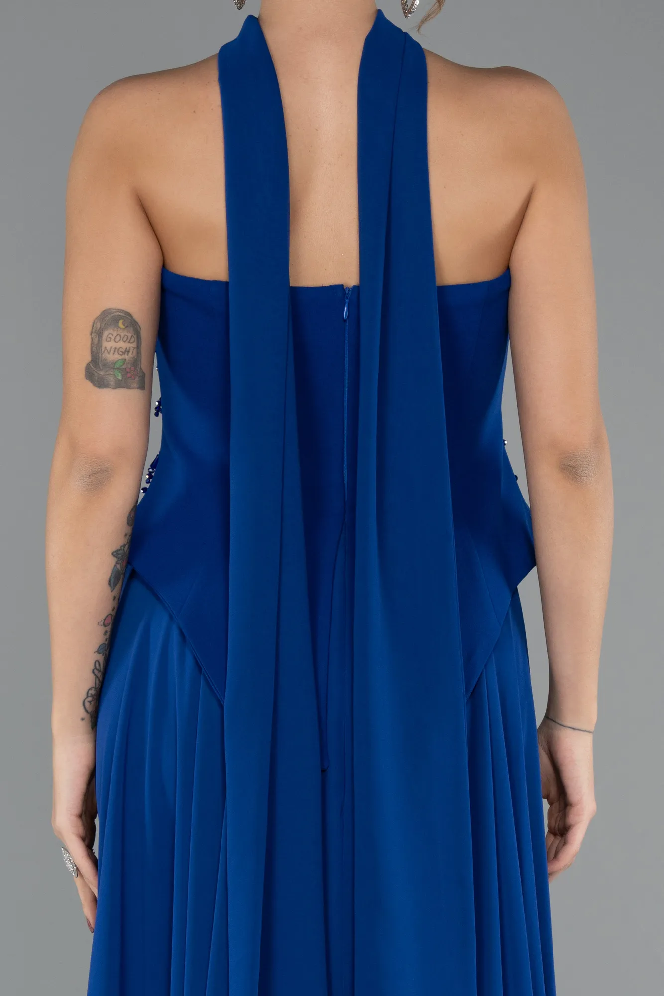 Sax Blue-Long Chiffon Evening Dress ABU5420