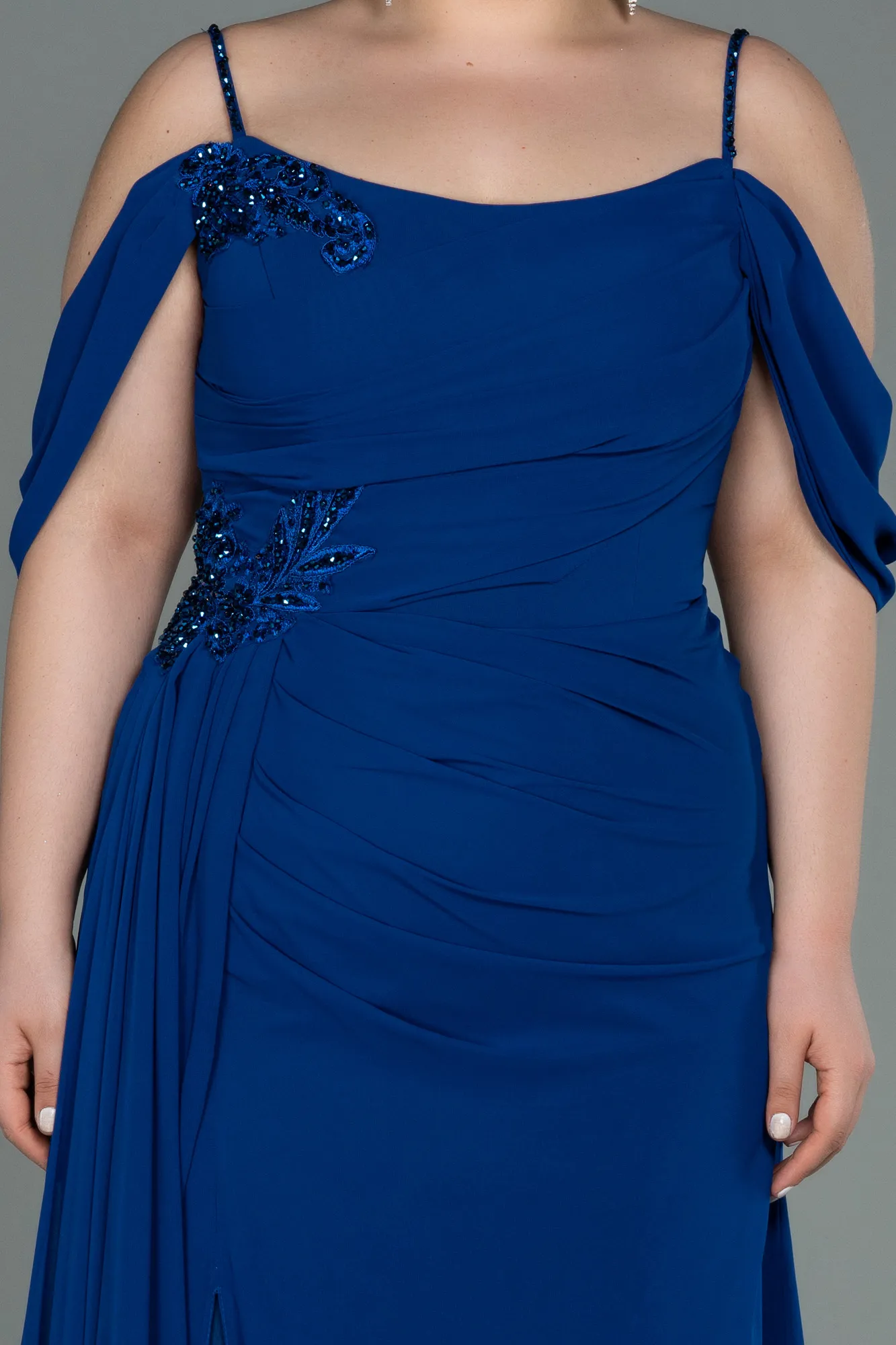 Sax Blue-Long Chiffon Plus Size Evening Dress ABU2929
