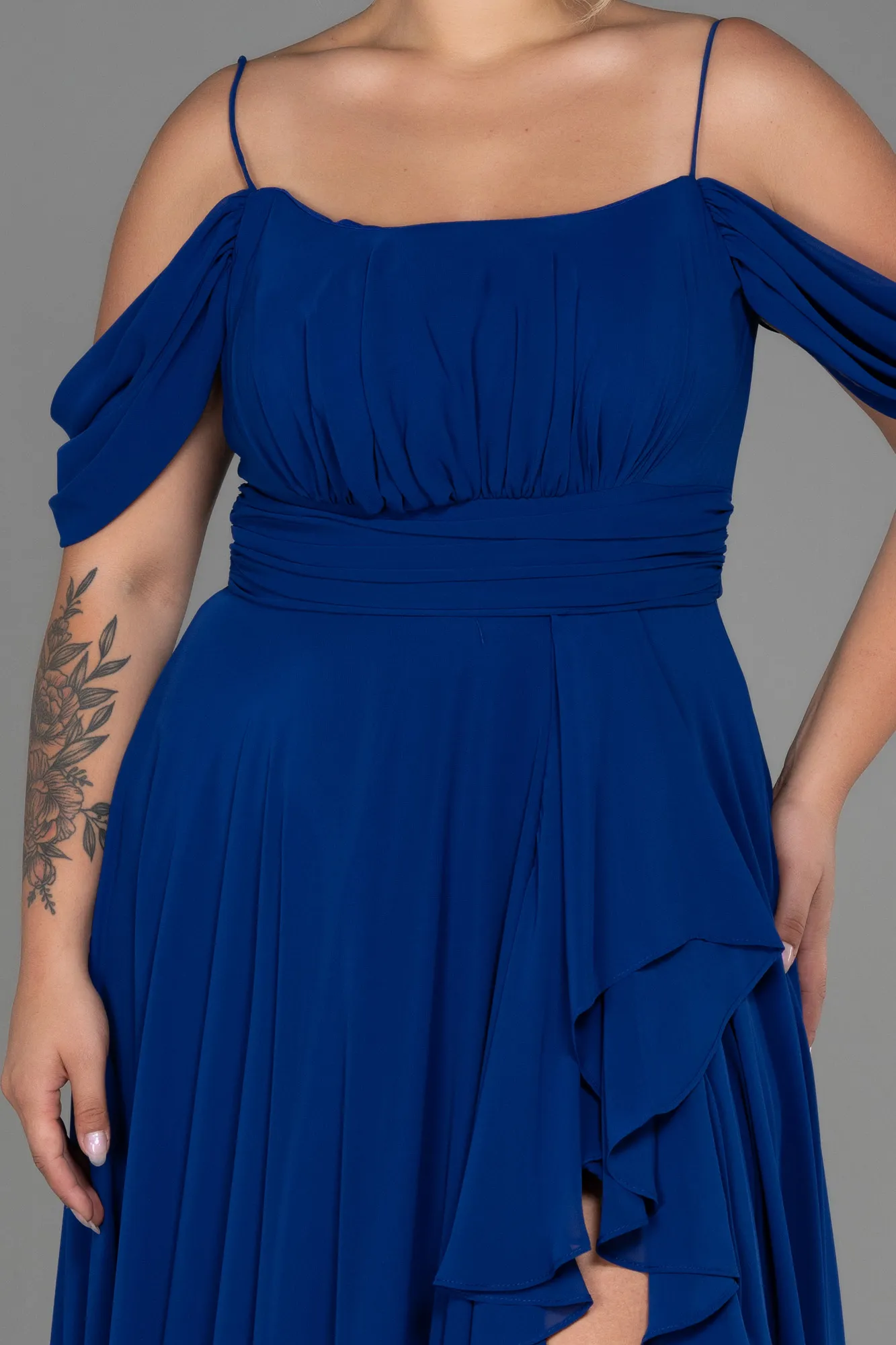 Sax Blue-Long Chiffon Plus Size Evening Dress ABU3168