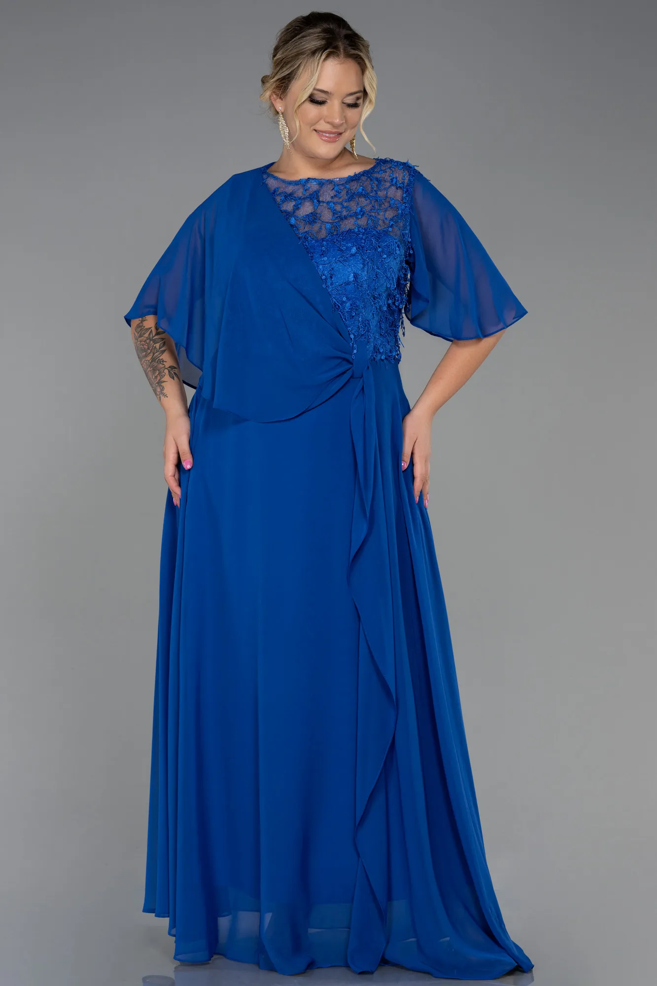 Sax Blue-Long Chiffon Plus Size Evening Dress ABU3257