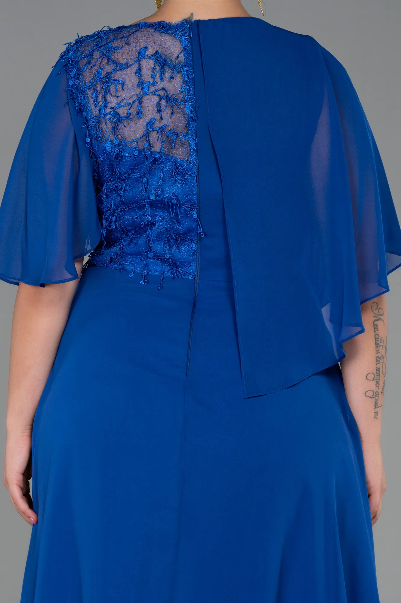 Sax Blue-Long Chiffon Plus Size Evening Dress ABU3257