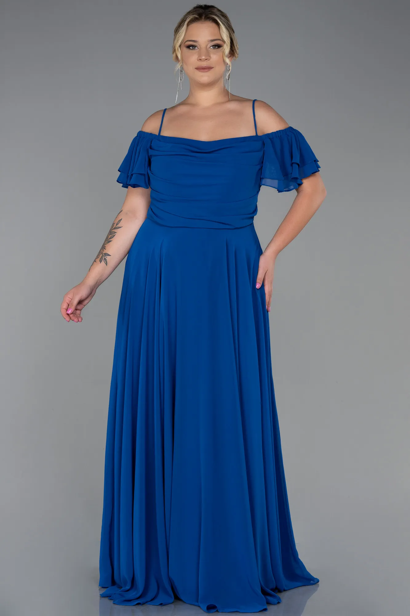 Sax Blue-Long Chiffon Plus Size Evening Dress ABU3259