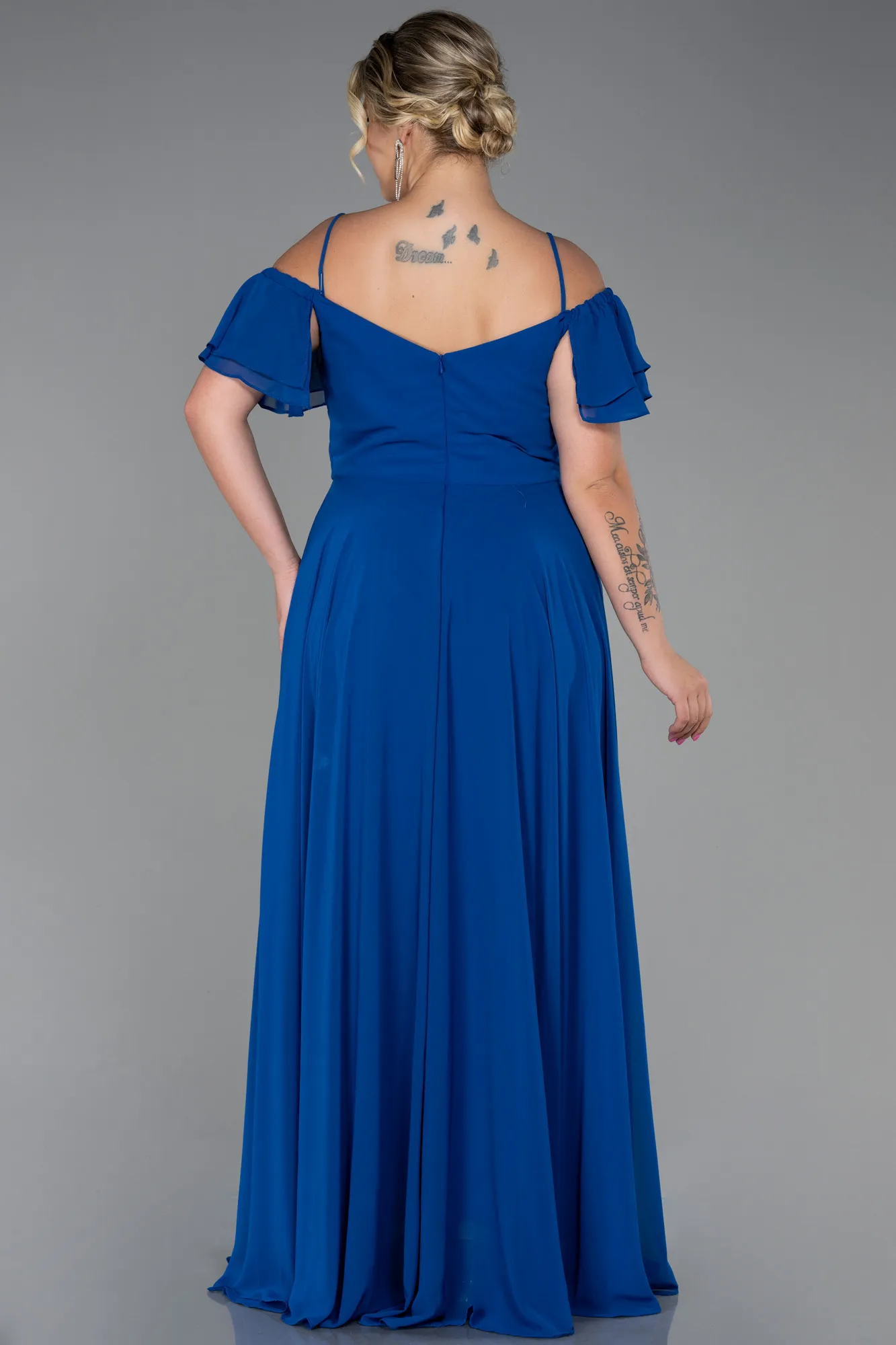 Sax Blue-Long Chiffon Plus Size Evening Dress ABU3259