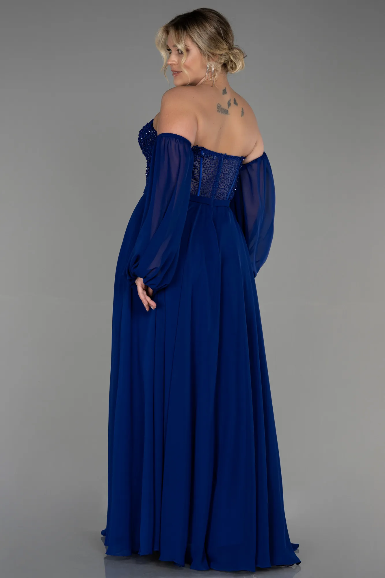 Sax Blue-Long Chiffon Plus Size Evening Dress ABU3451