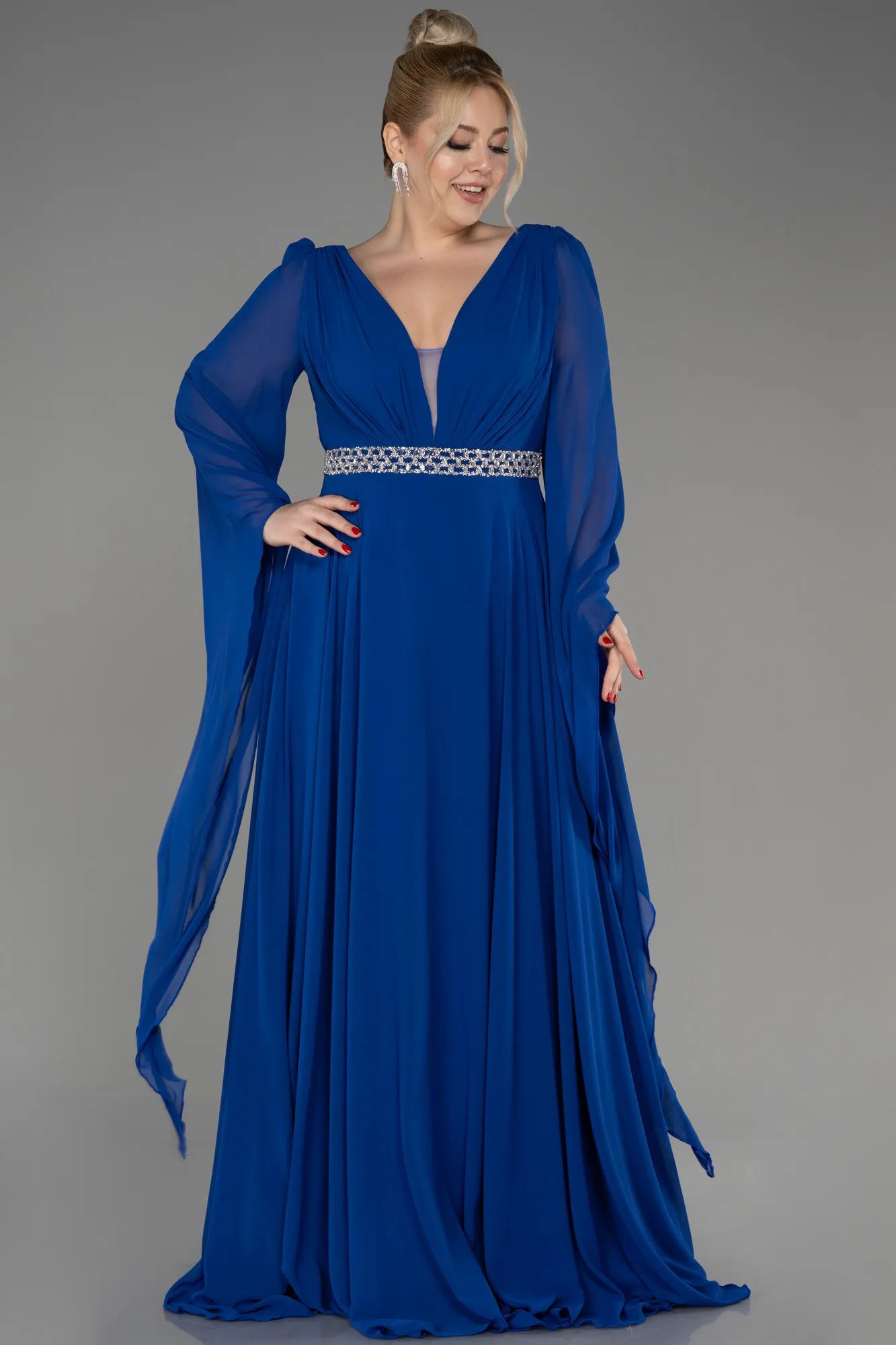 Sax Blue-Long Chiffon Plus Size Evening Dress ABU3543