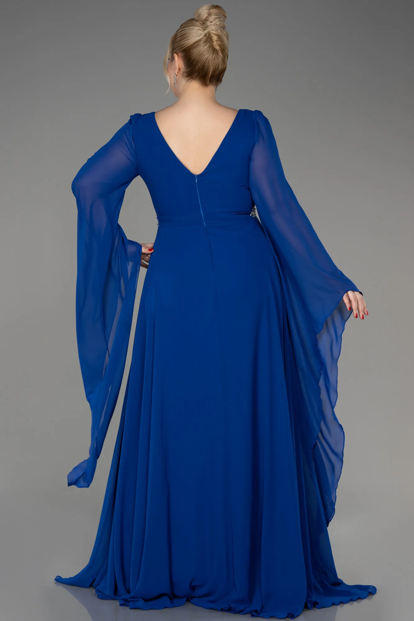 Sax Blue-Long Chiffon Plus Size Evening Dress ABU3543