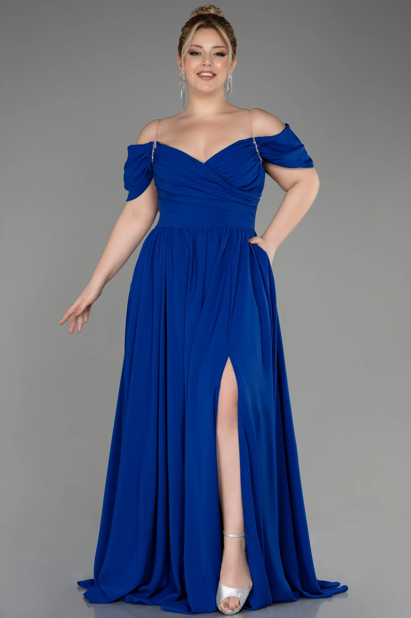 Sax Blue-Boat Neck Long Chiffon Plus Size Prom Dress ABU3738