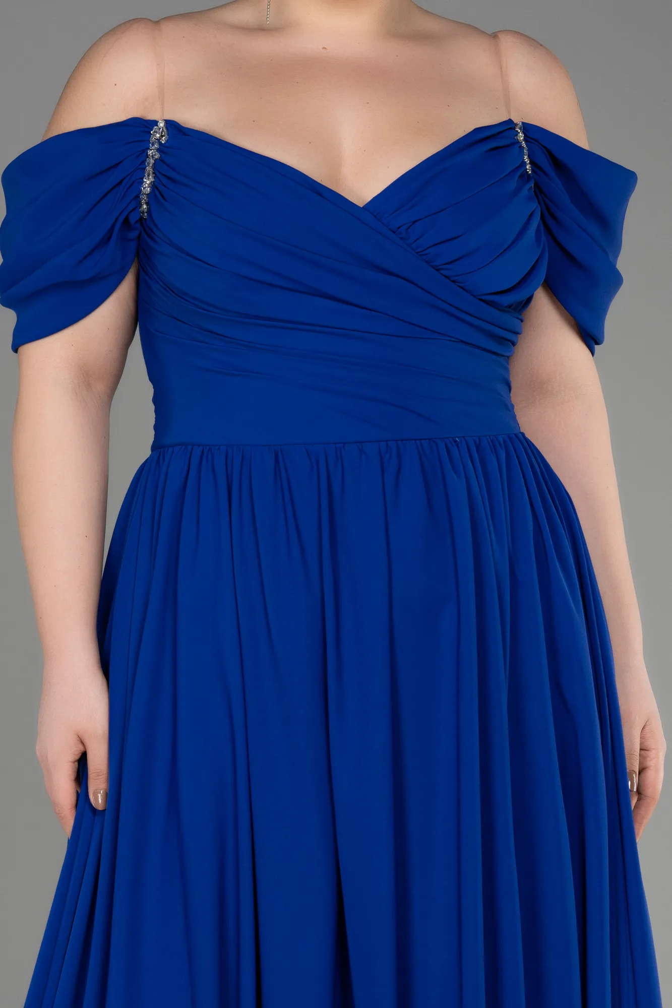 Sax Blue-Boat Neck Long Chiffon Plus Size Prom Dress ABU3738