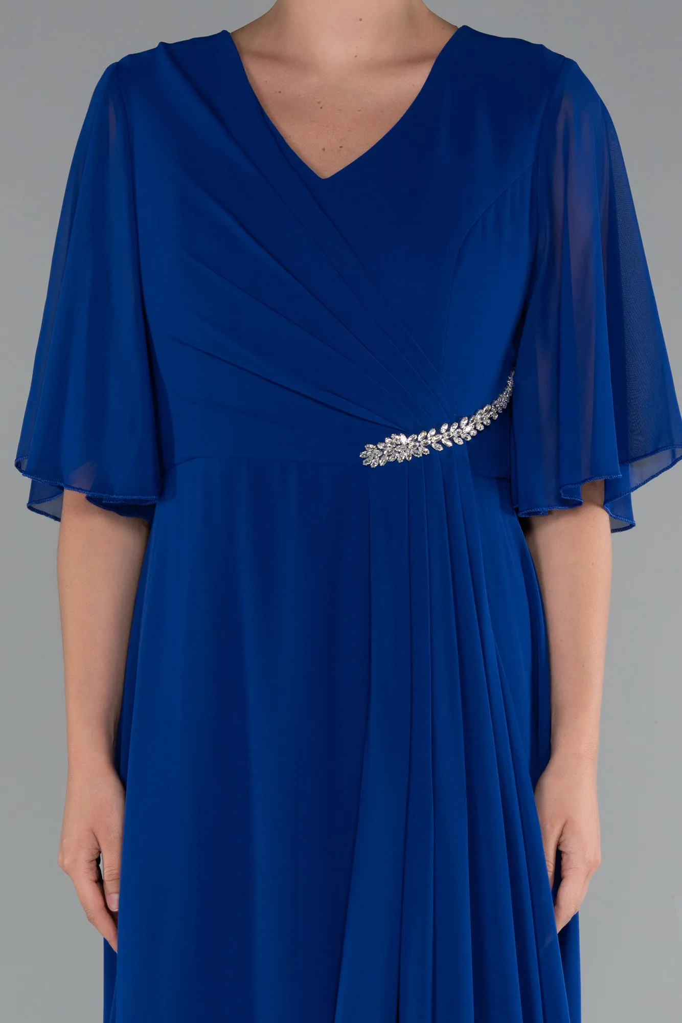 Sax Blue-Long Chiffon Plus Size Evening Dress ABU5051