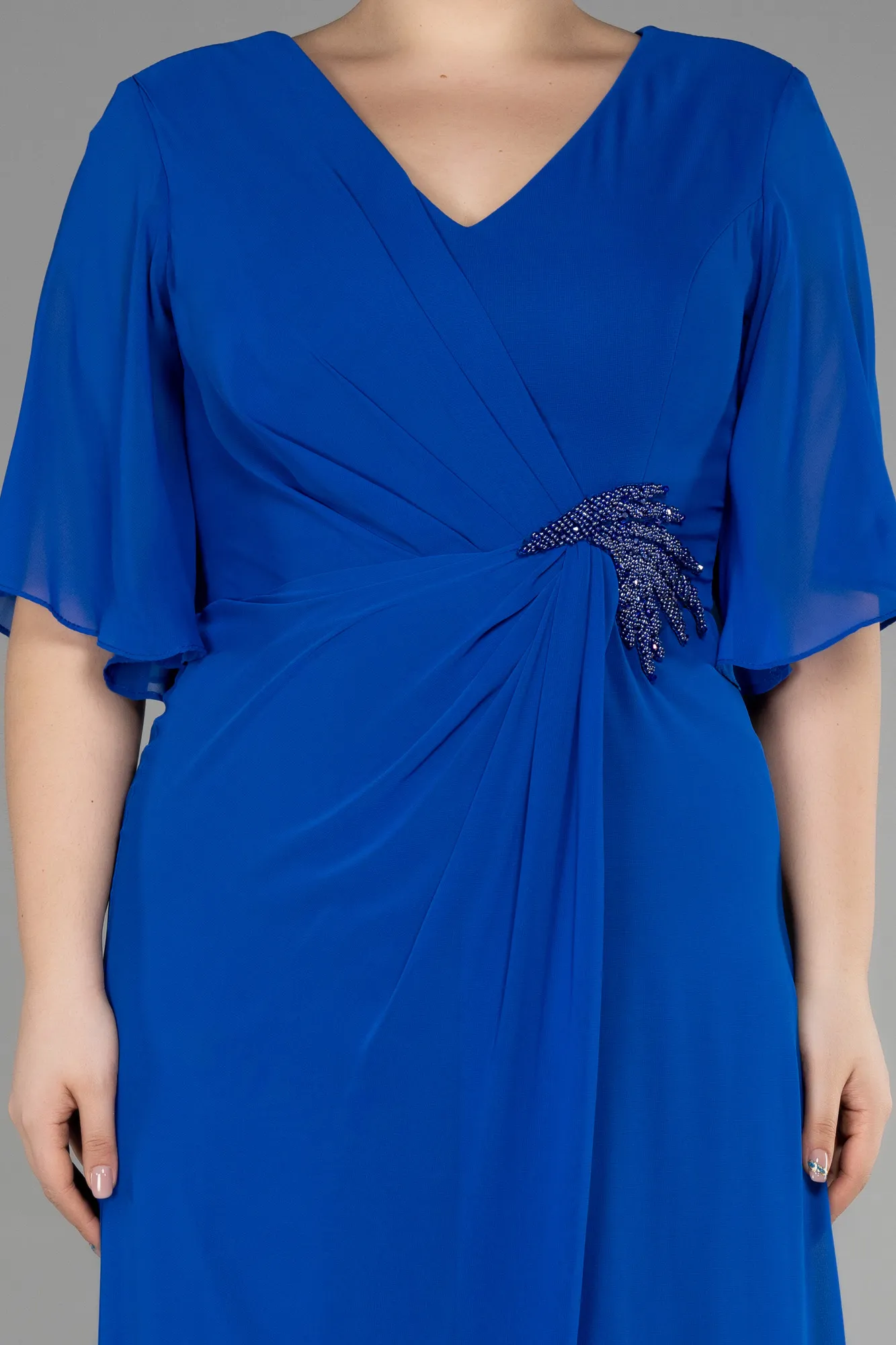 Sax Blue-Long Chiffon Plus Size Evening Gown ABU3592