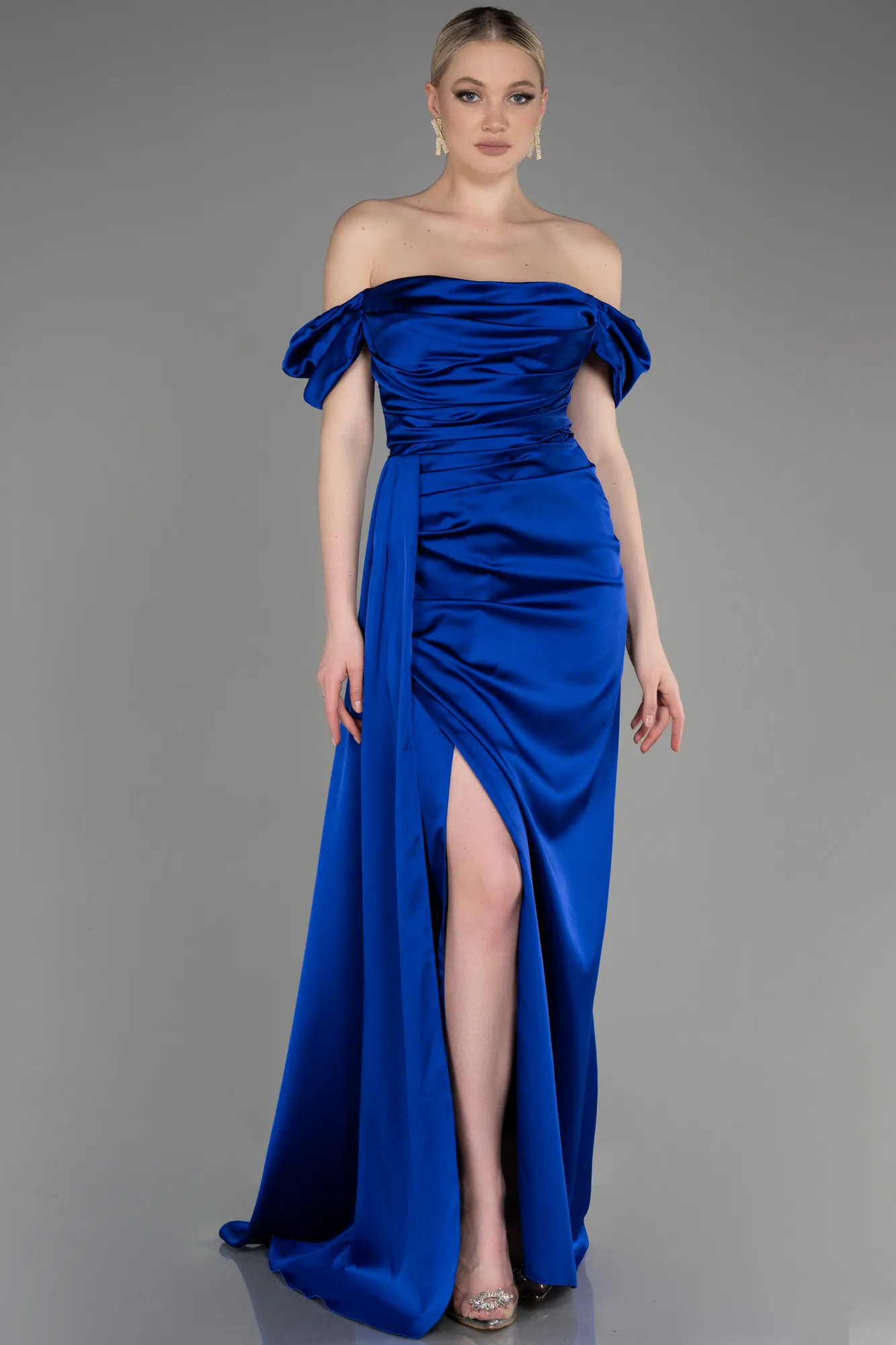 Sax Blue-Long Satin Engagement Dress ABU1606