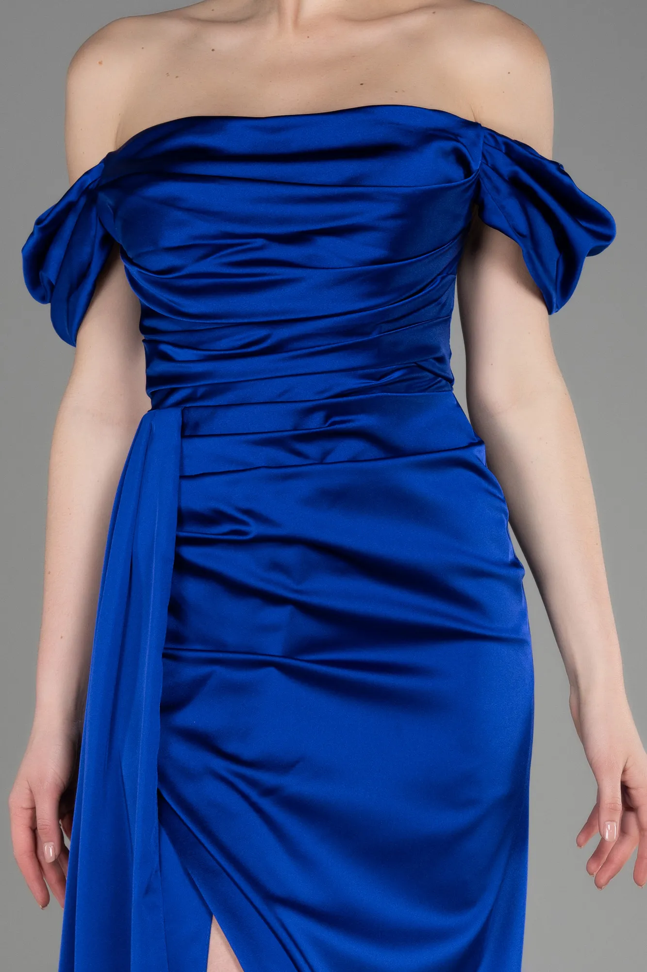 Sax Blue-Long Satin Engagement Dress ABU1606