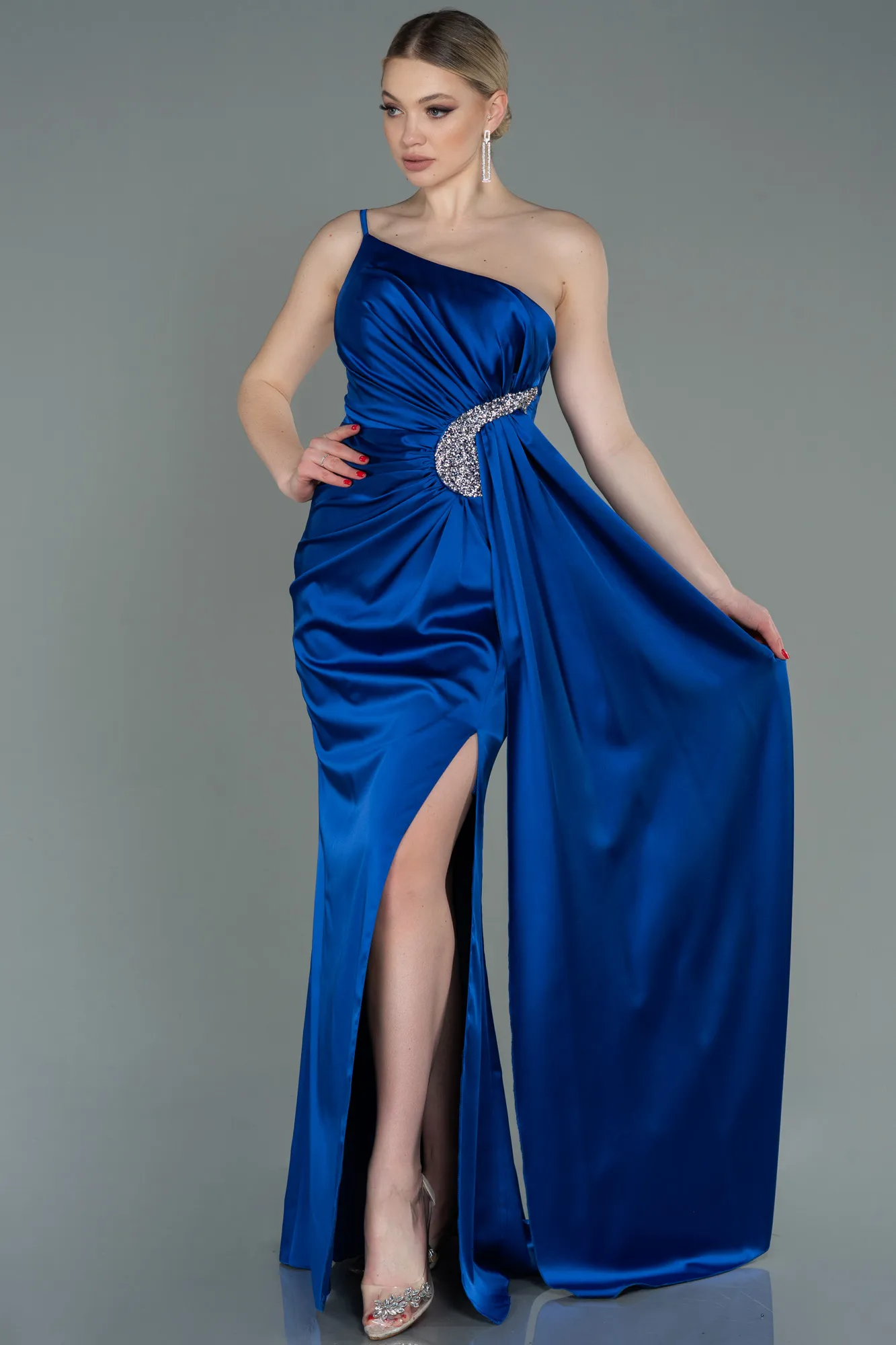 Sax Blue-Long Satin Engagement Dress ABU3088