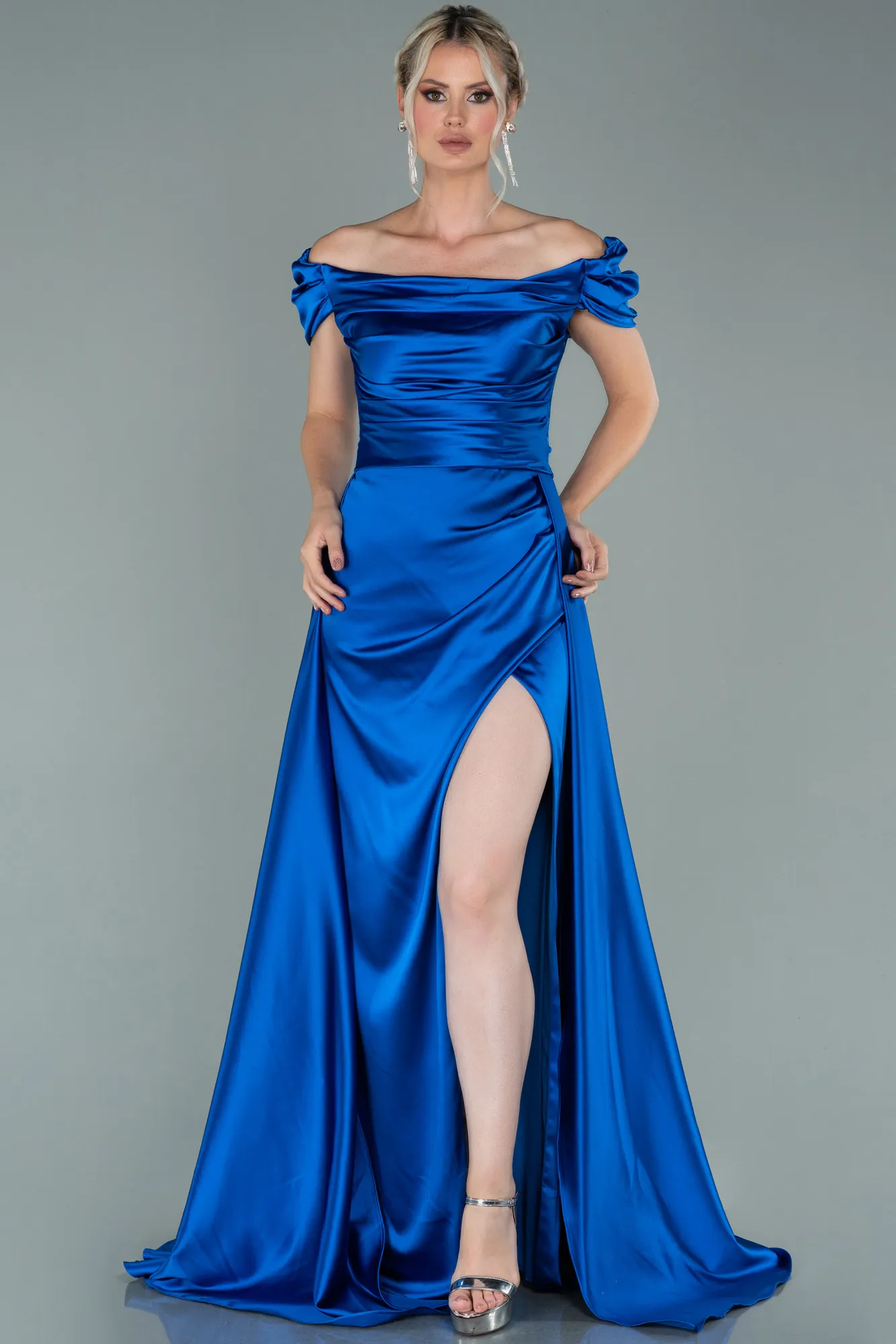 Sax Blue-Long Satin Evening Dress ABU2003
