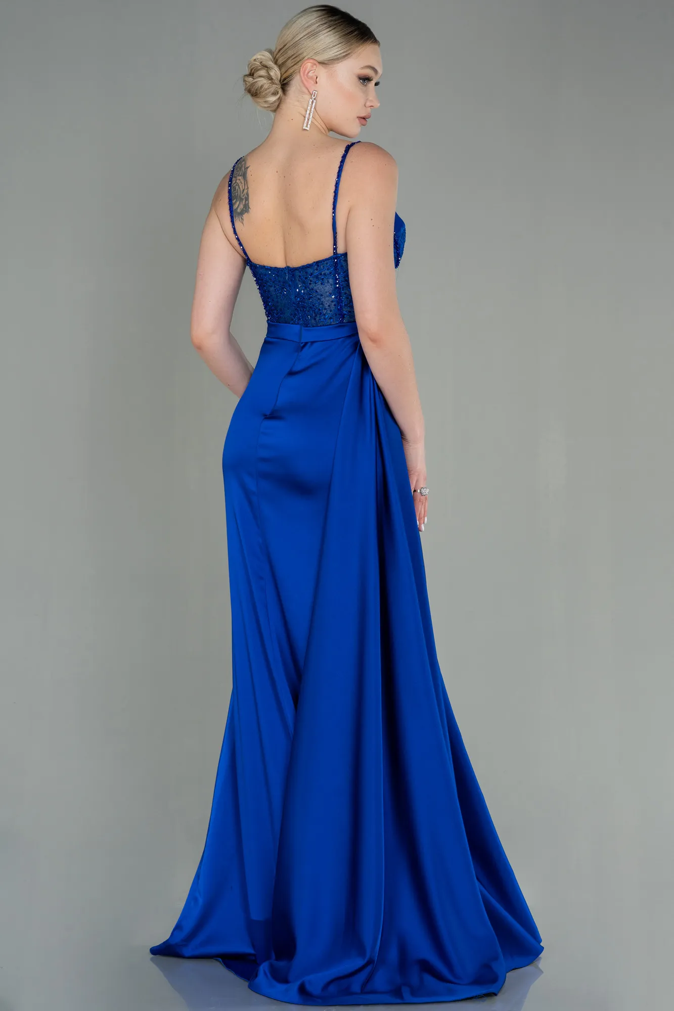 Sax Blue-Long Satin Evening Dress ABU2130