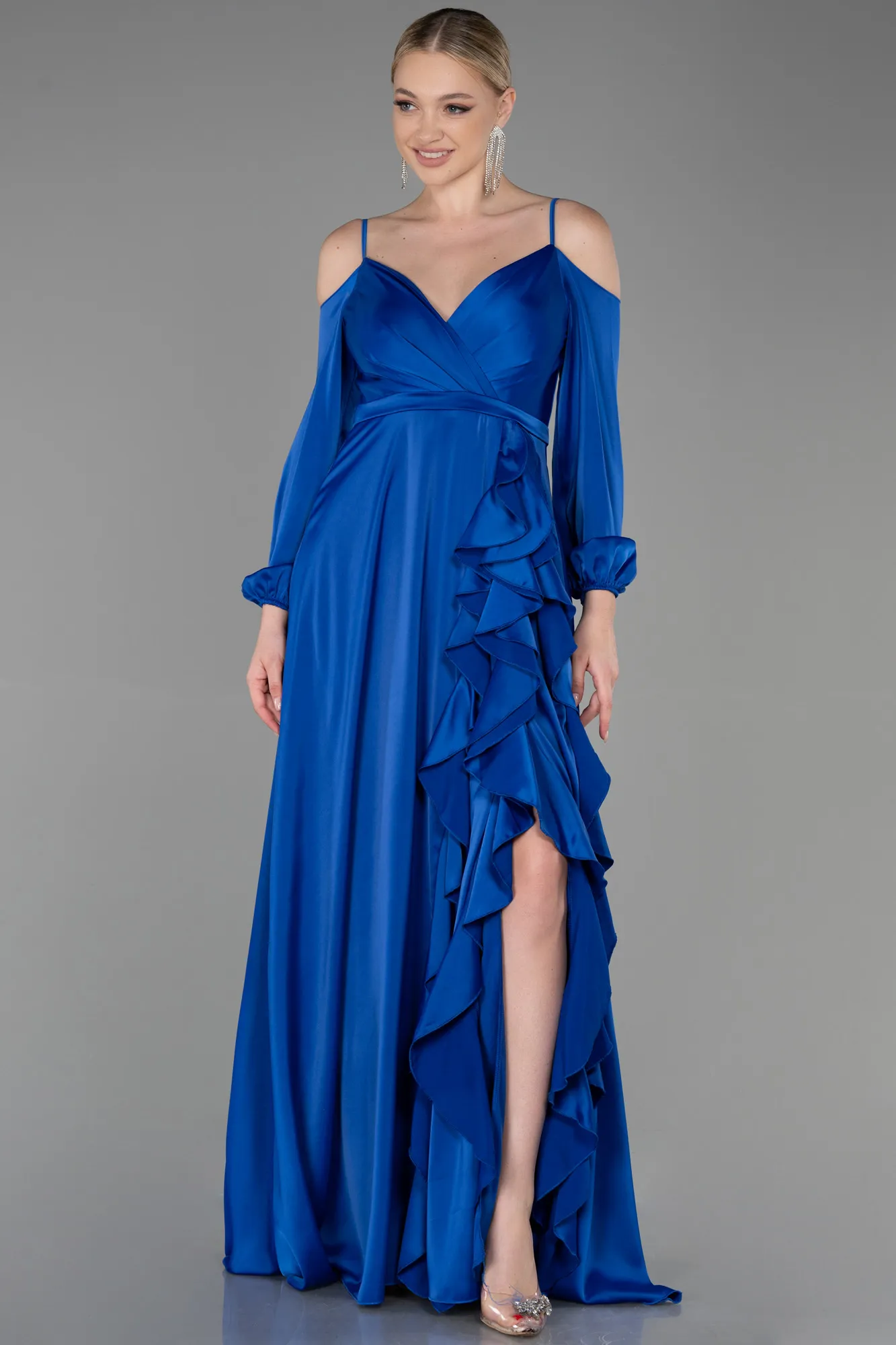 Sax Blue-Long Satin Evening Dress ABU2339