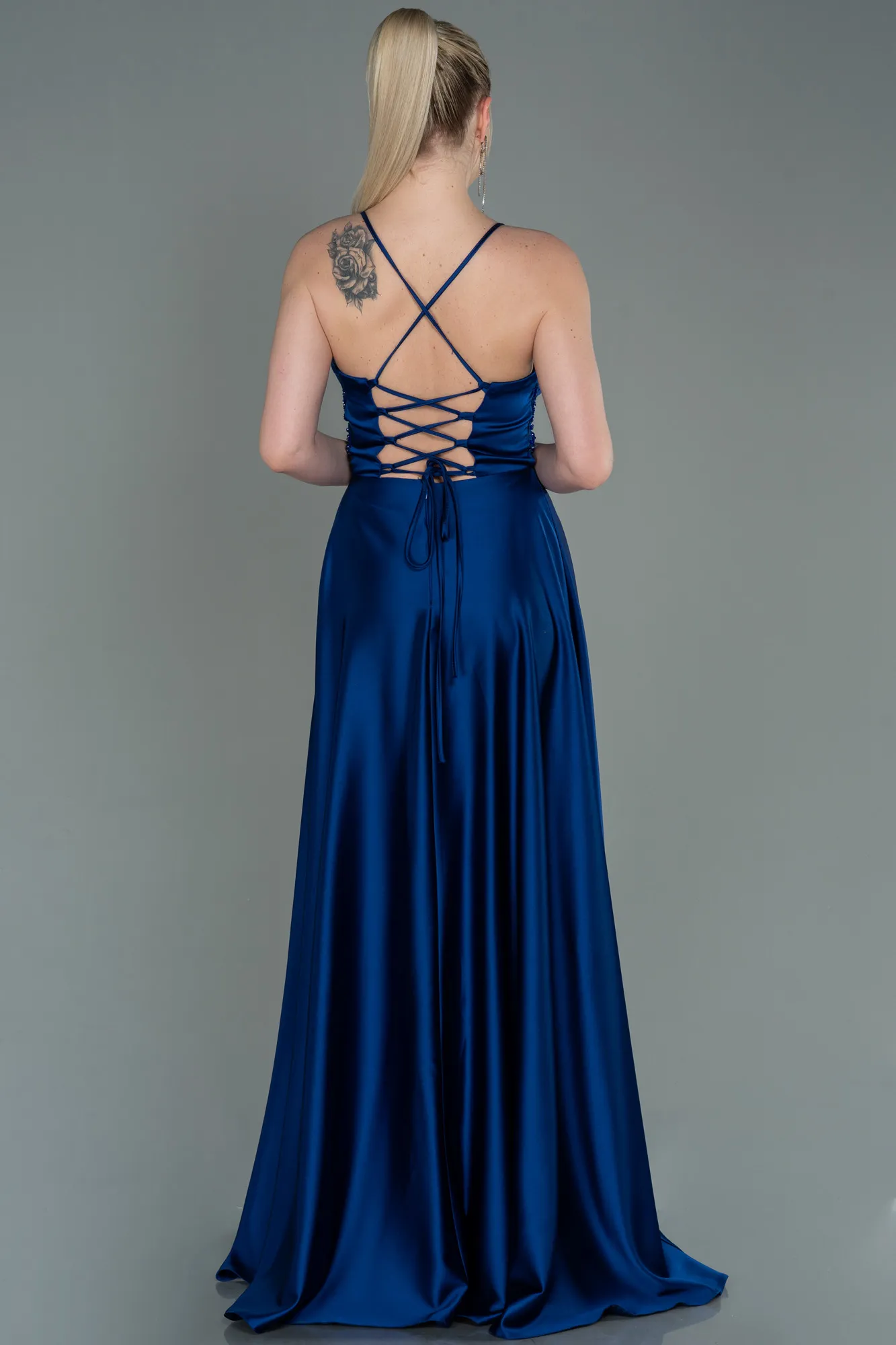 Sax Blue-Long Satin Evening Dress ABU2583