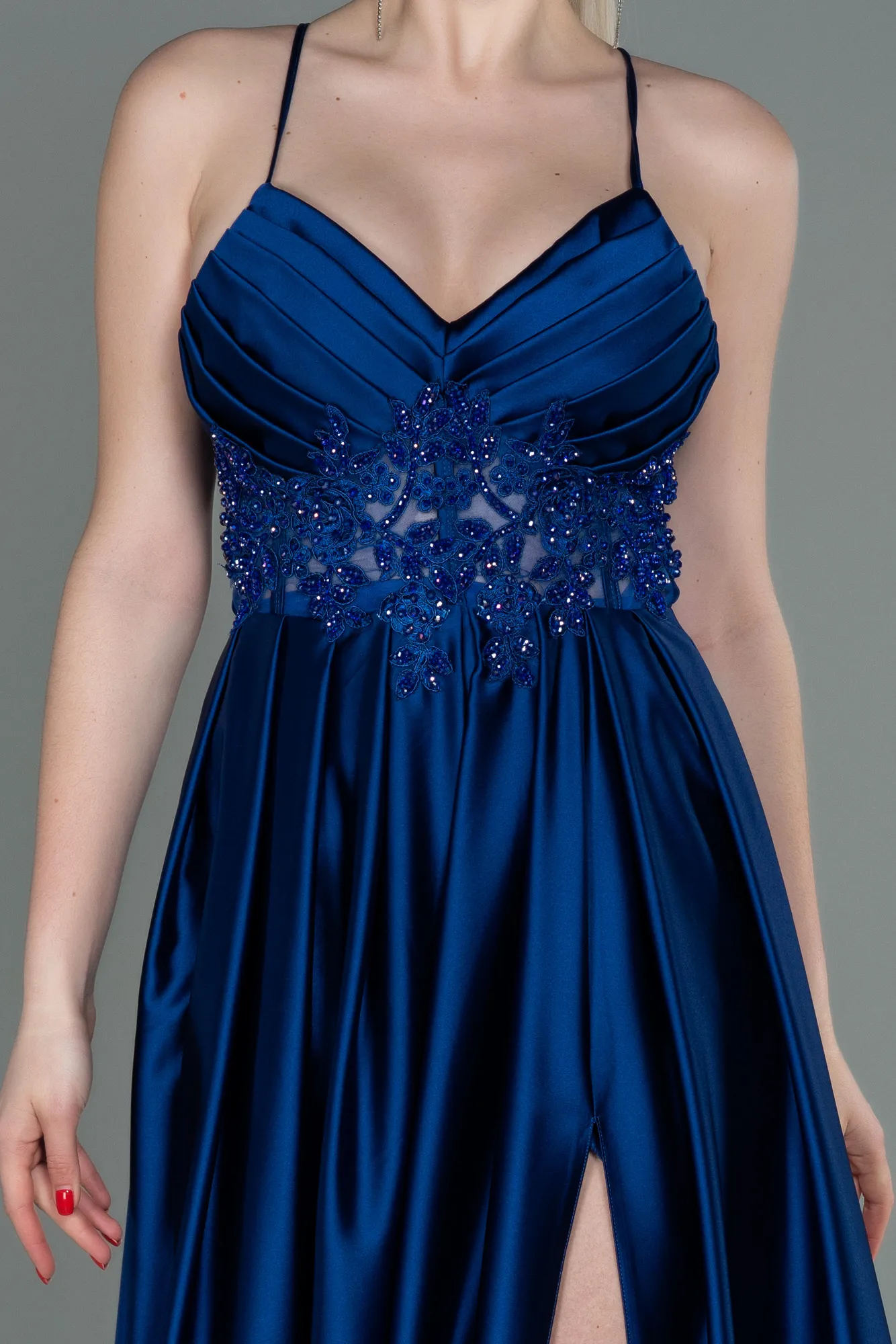 Sax Blue-Long Satin Evening Dress ABU2583