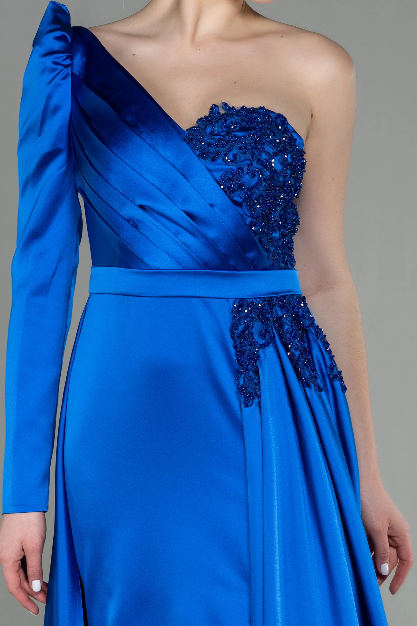 Sax Blue-Long Satin Evening Dress ABU2610