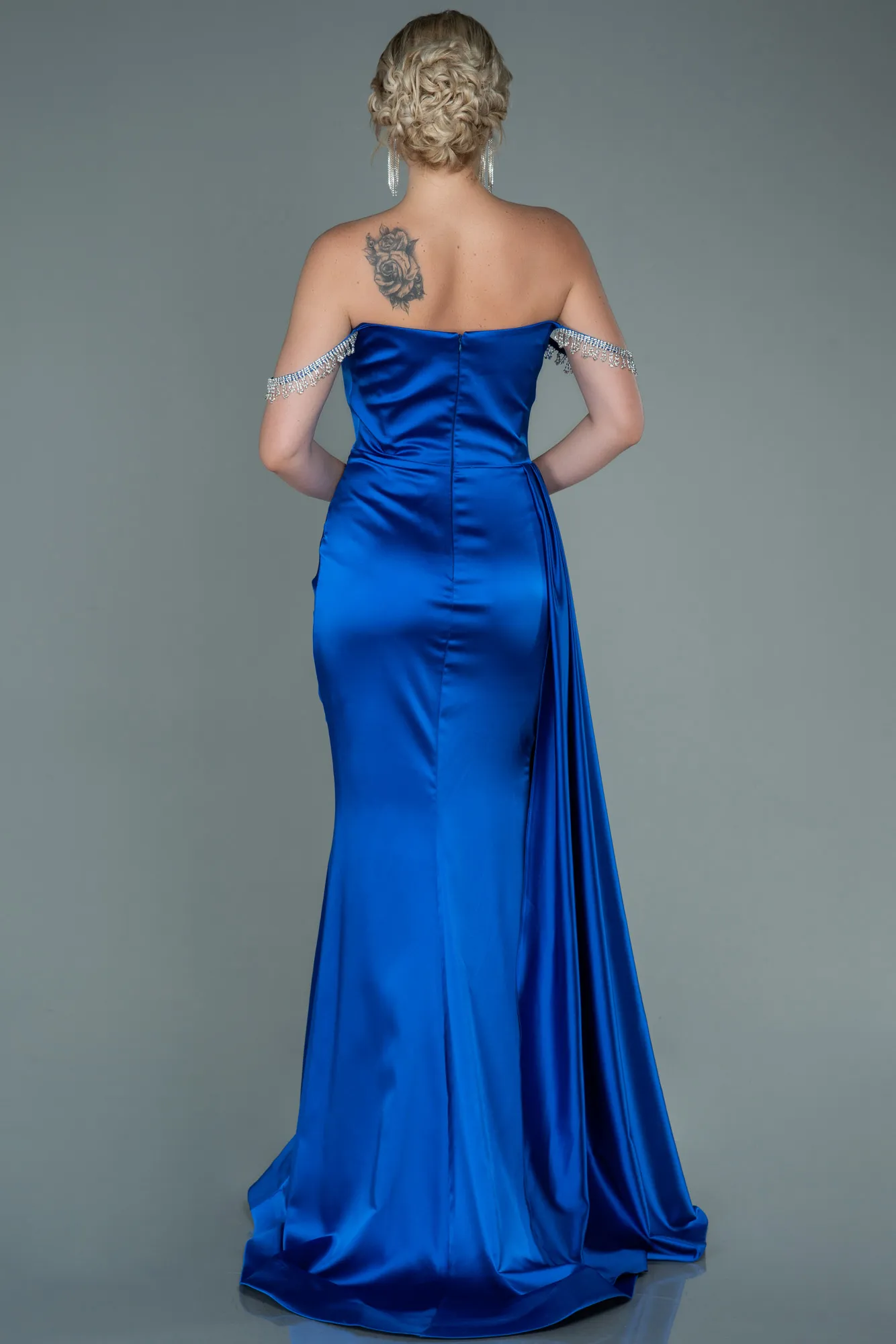 Sax Blue-Long Satin Evening Dress ABU2618