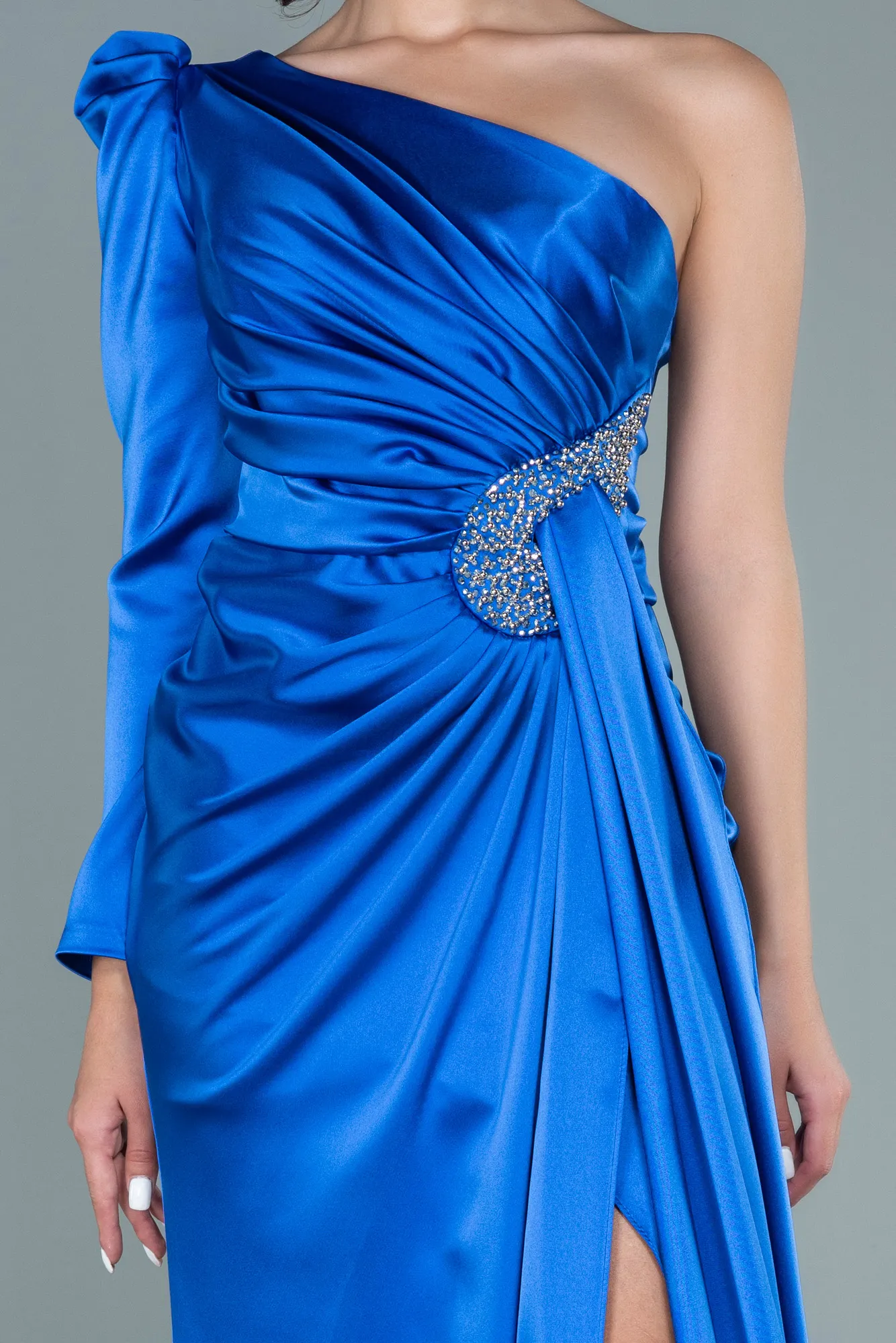 Sax Blue-Long Satin Evening Dress ABU2676