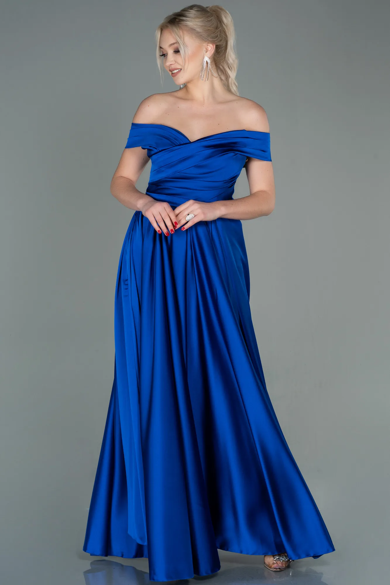 Sax Blue-Long Satin Evening Dress ABU2750
