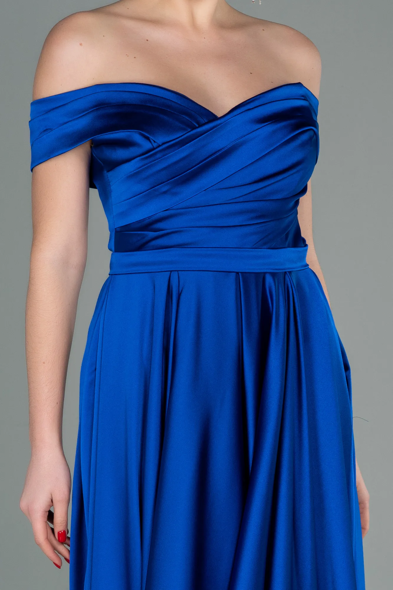 Sax Blue-Long Satin Evening Dress ABU2750