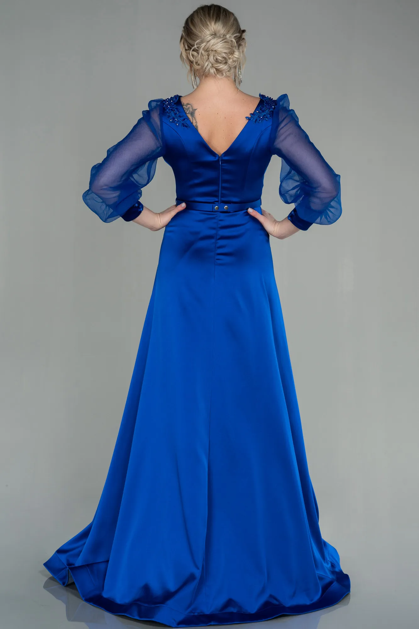 Sax Blue-Long Satin Evening Dress ABU2830