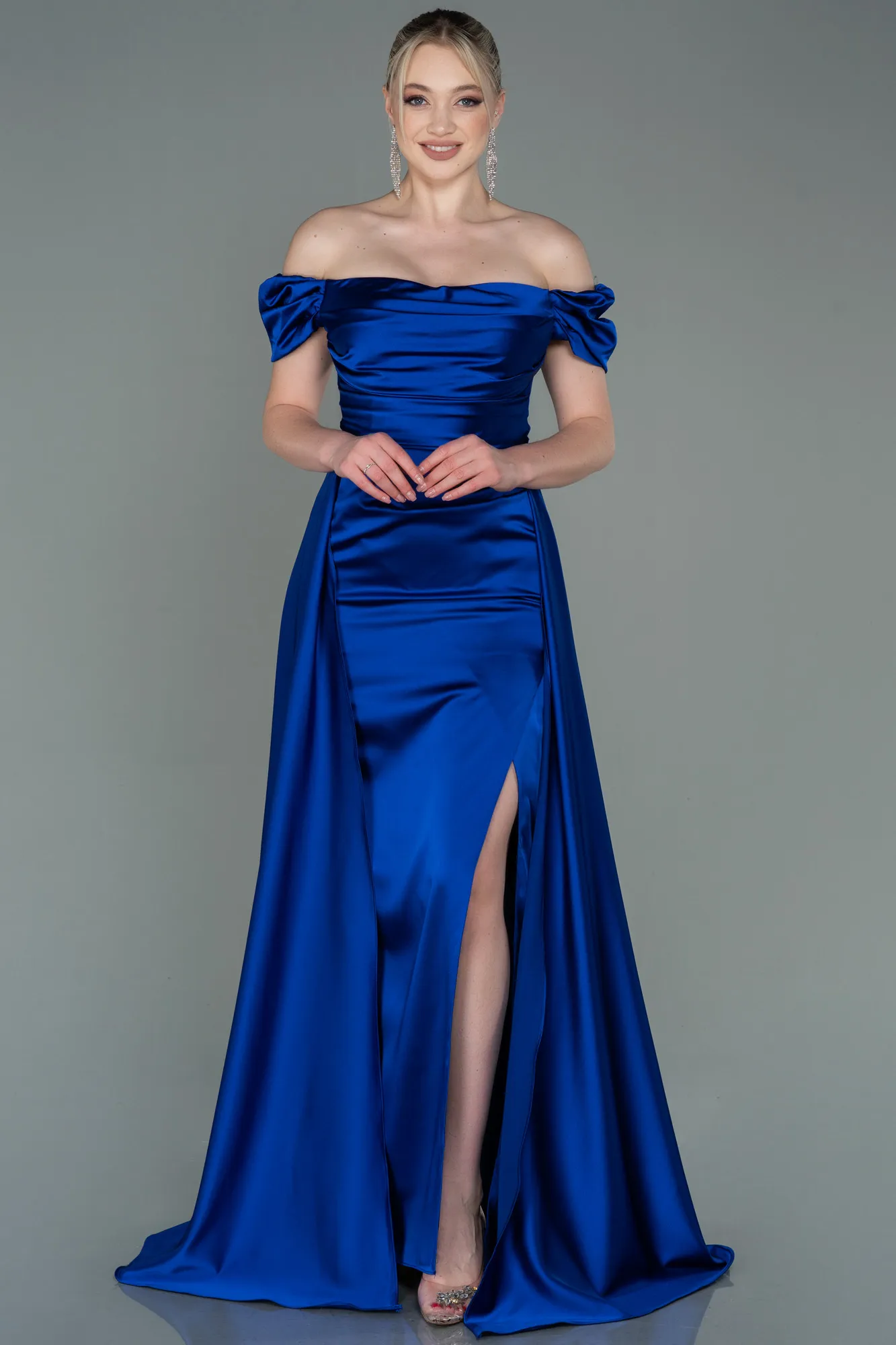 Sax Blue-Long Satin Evening Dress ABU2903