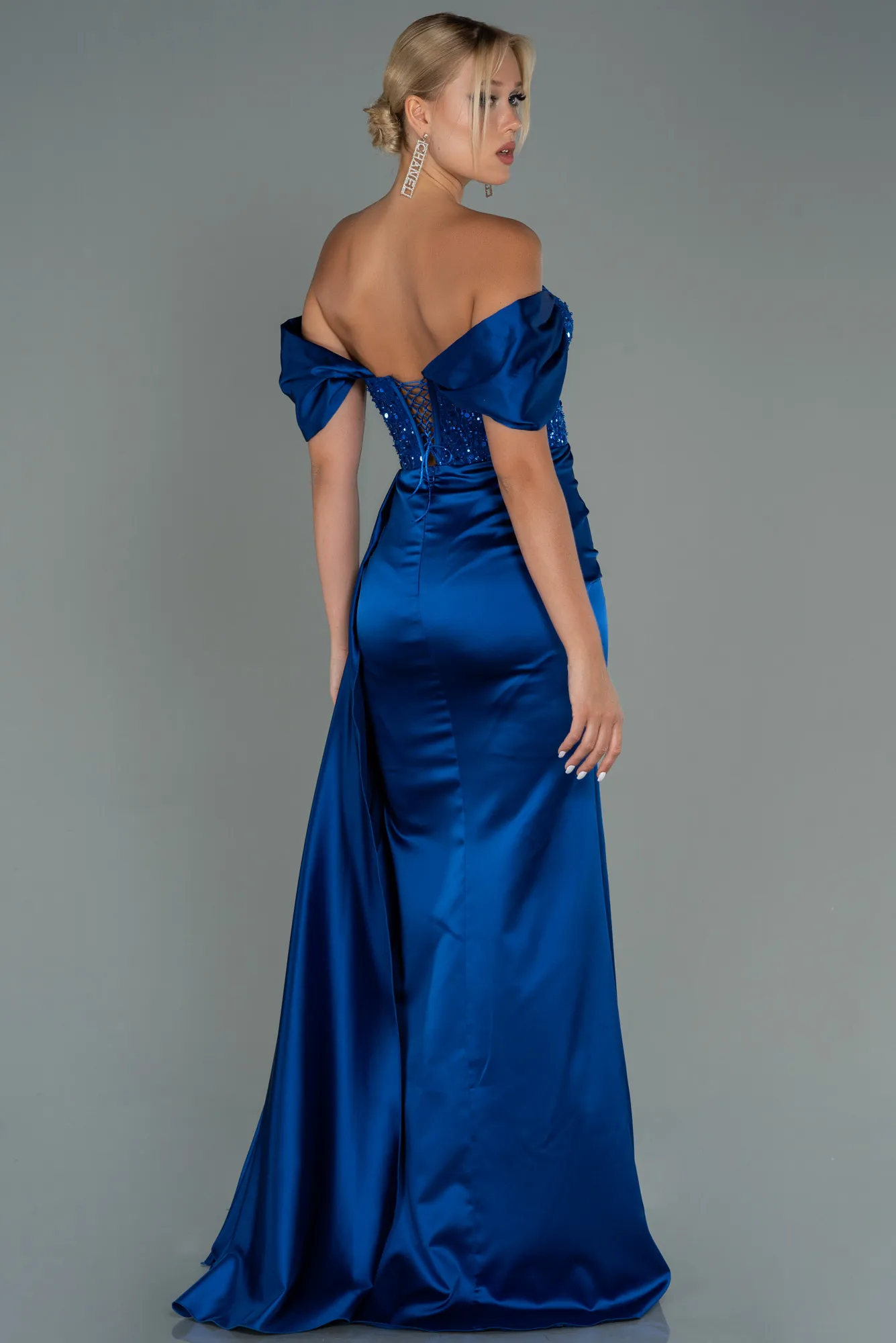 Sax Blue-Long Satin Evening Dress ABU3100