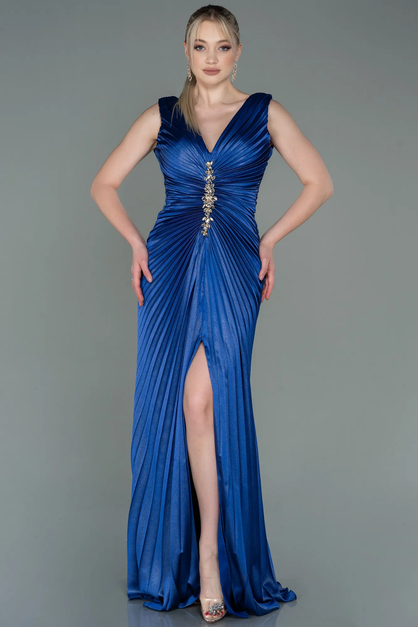 Sax Blue-Long Satin Evening Dress ABU3183