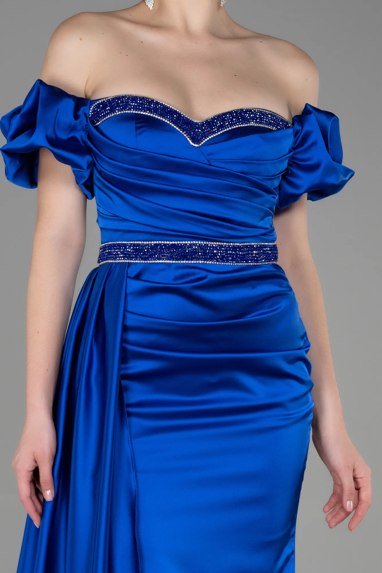 Sax Blue-Long Satin Evening Dress ABU3331