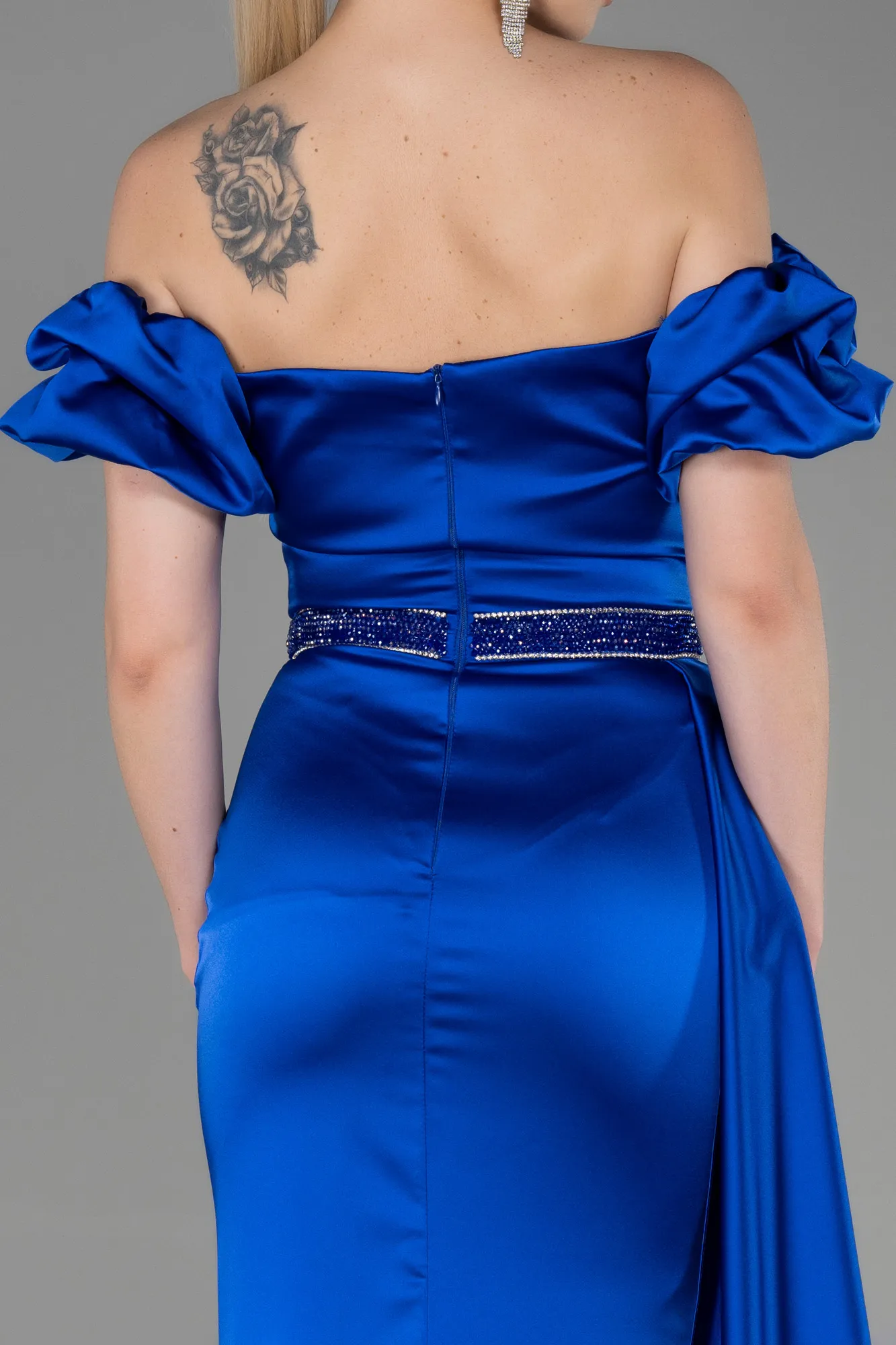 Sax Blue-Long Satin Evening Dress ABU3331