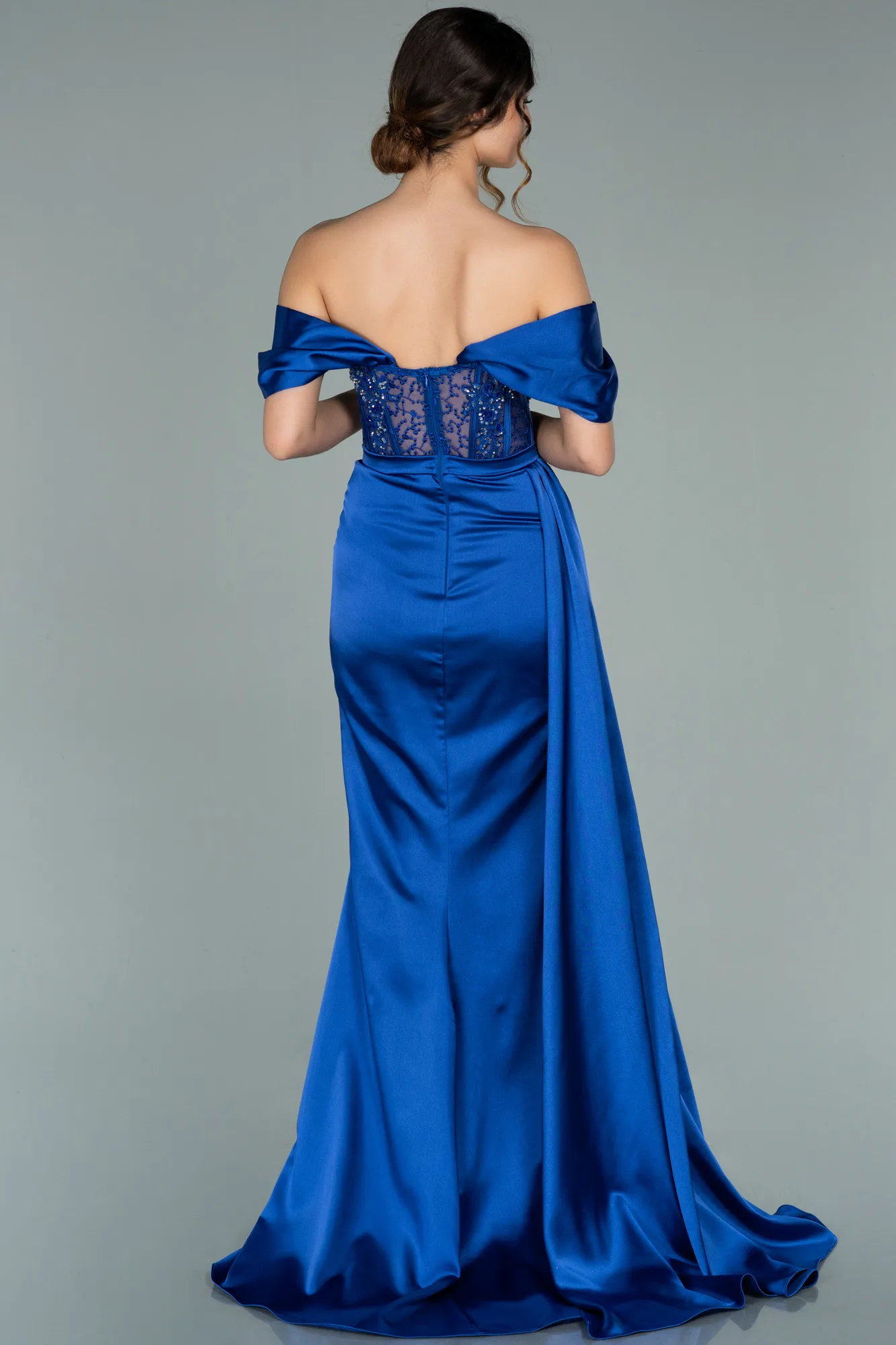 Sax Blue-Long Satin Evening Dress ABU3446