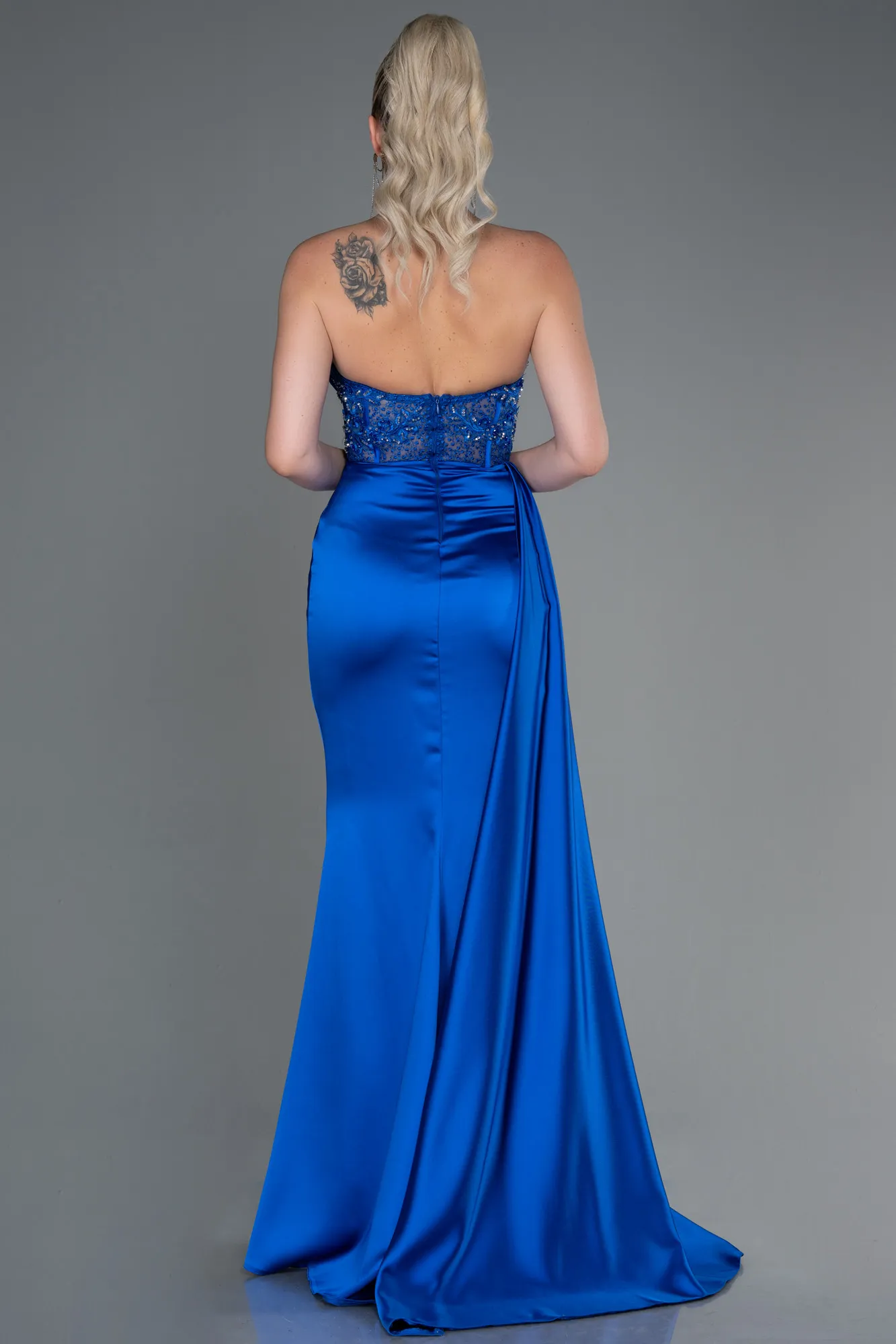 Sax Blue-Long Satin Evening Dress ABU3447