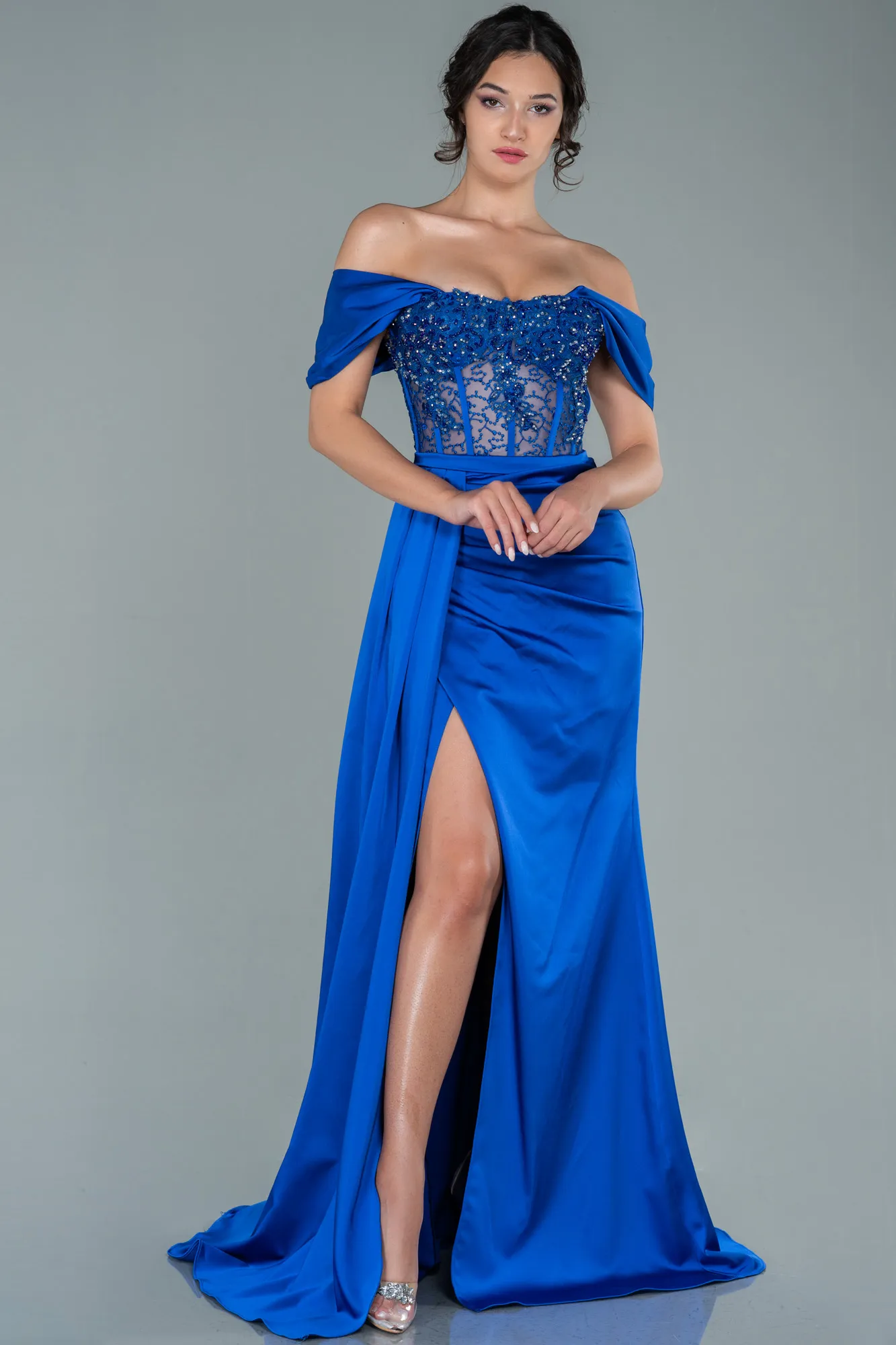 Sax Blue-Long Satin Evening Dress ABU3448